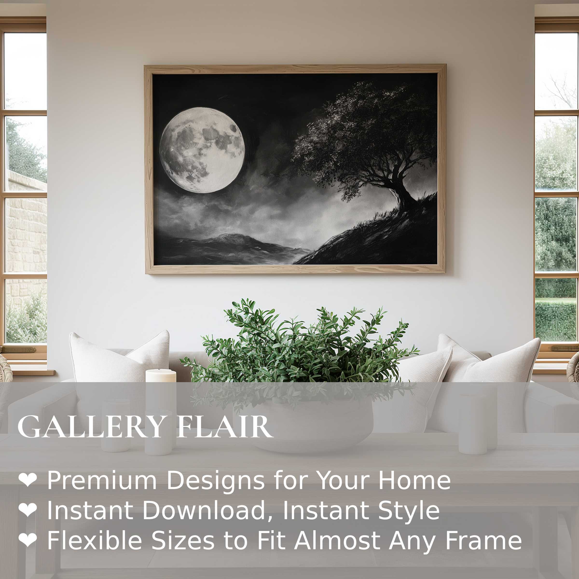 Black and white wall art print featuring a luminous full moon and solitary tree, enriching modern minimalist interiors with serene, bold elegance