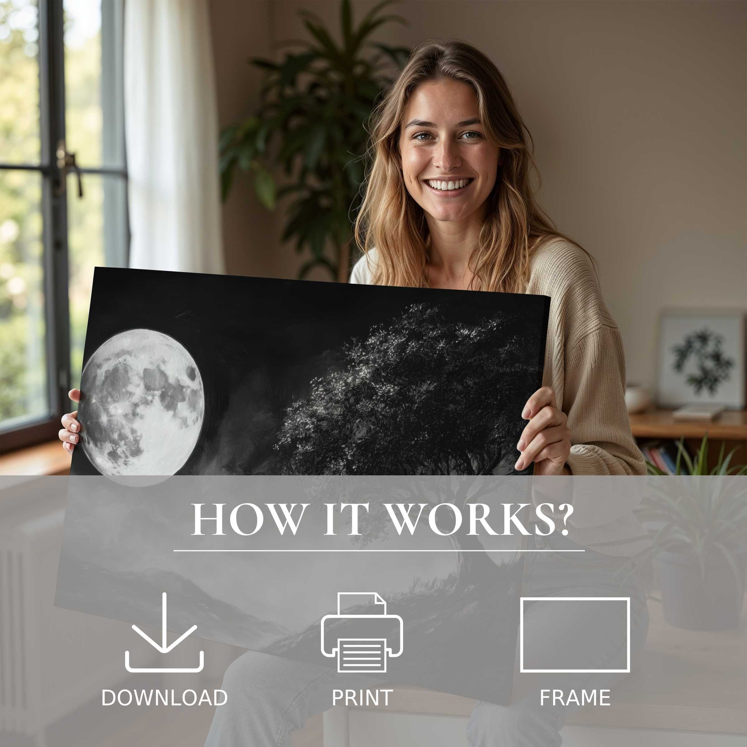 Elegant black and white digital art print evokes serene joy and connection, enhancing stylish modern living spaces with effortless sophistication