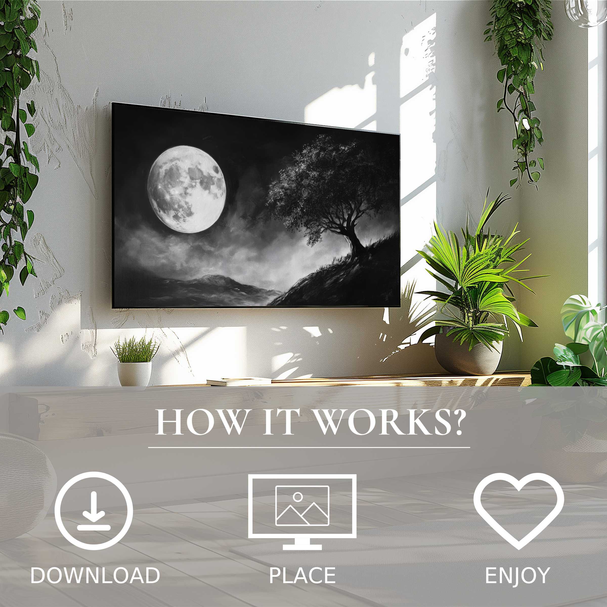 Black and white art for Samsung TV showing a moonlit tree scene, easy digital download, enhances modern decor