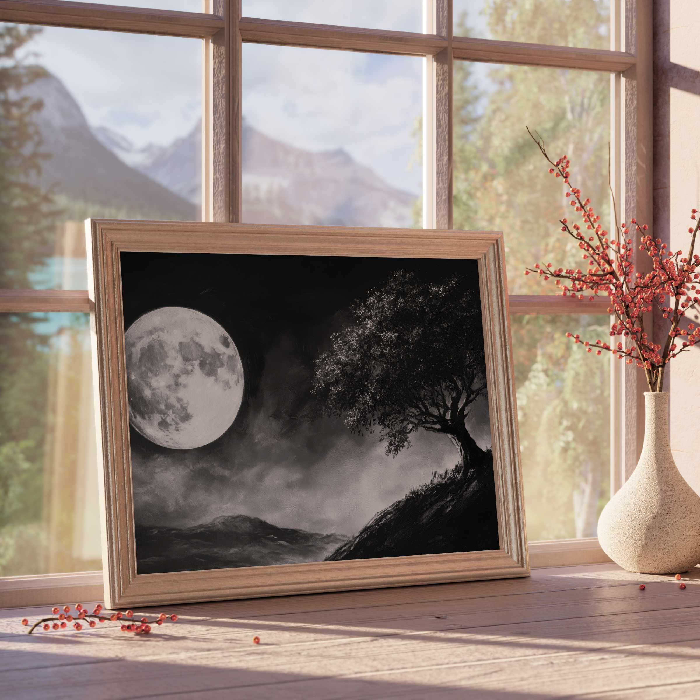 Black and white downloadable art capturing a tranquil moonlit landscape with a solitary tree, perfect for elegant, serene interiors
