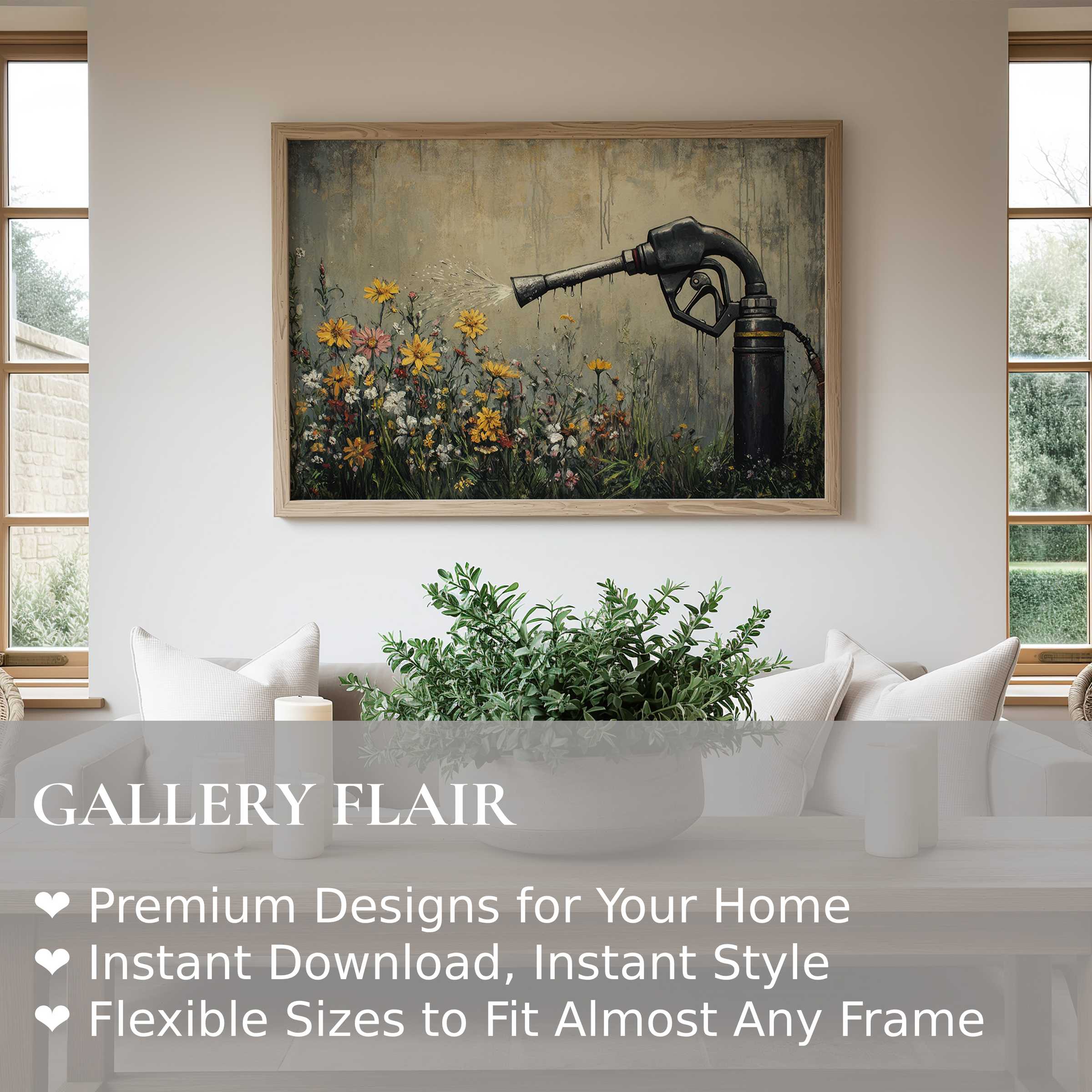 Bold street art wall art print featuring a vintage gas pump watering vibrant wildflowers, enhancing modern minimalist interiors with urban charm and nature-inspired contrast