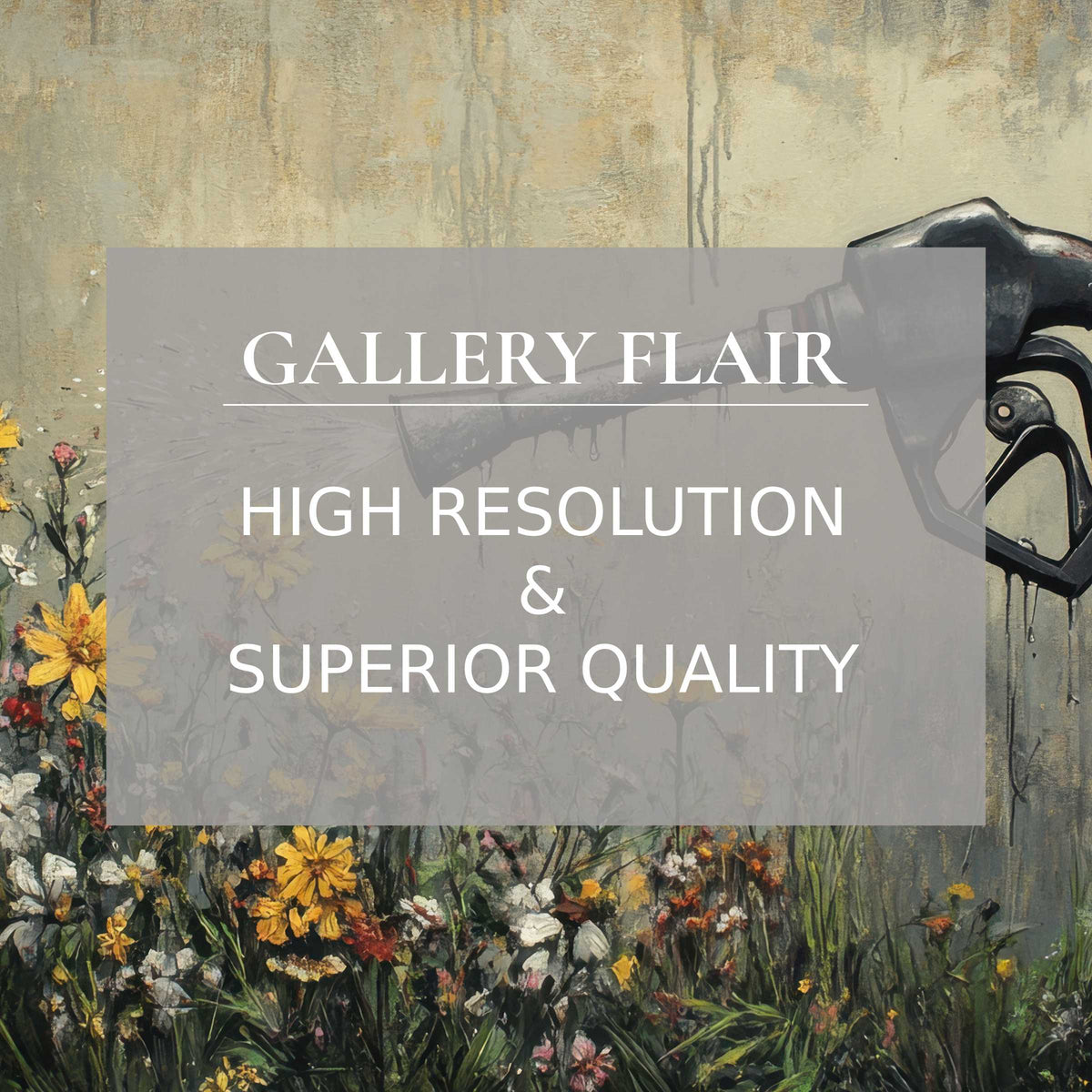 Bold street art printable art featuring delicate wildflowers blossoming from a dripping gas pump spout, radiating a thought-provoking, contemporary mood This high-resolution digital print boasts meticulous detail and texture, elevating modern interiors with an edgy yet refined ambiance, perfect for design-conscious décor enthusiasts