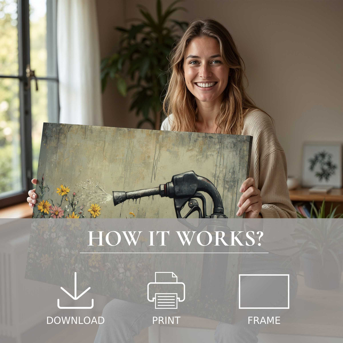 Serene woman embracing a street art digital art print, embodying joy and effortless elegance in modern home decor