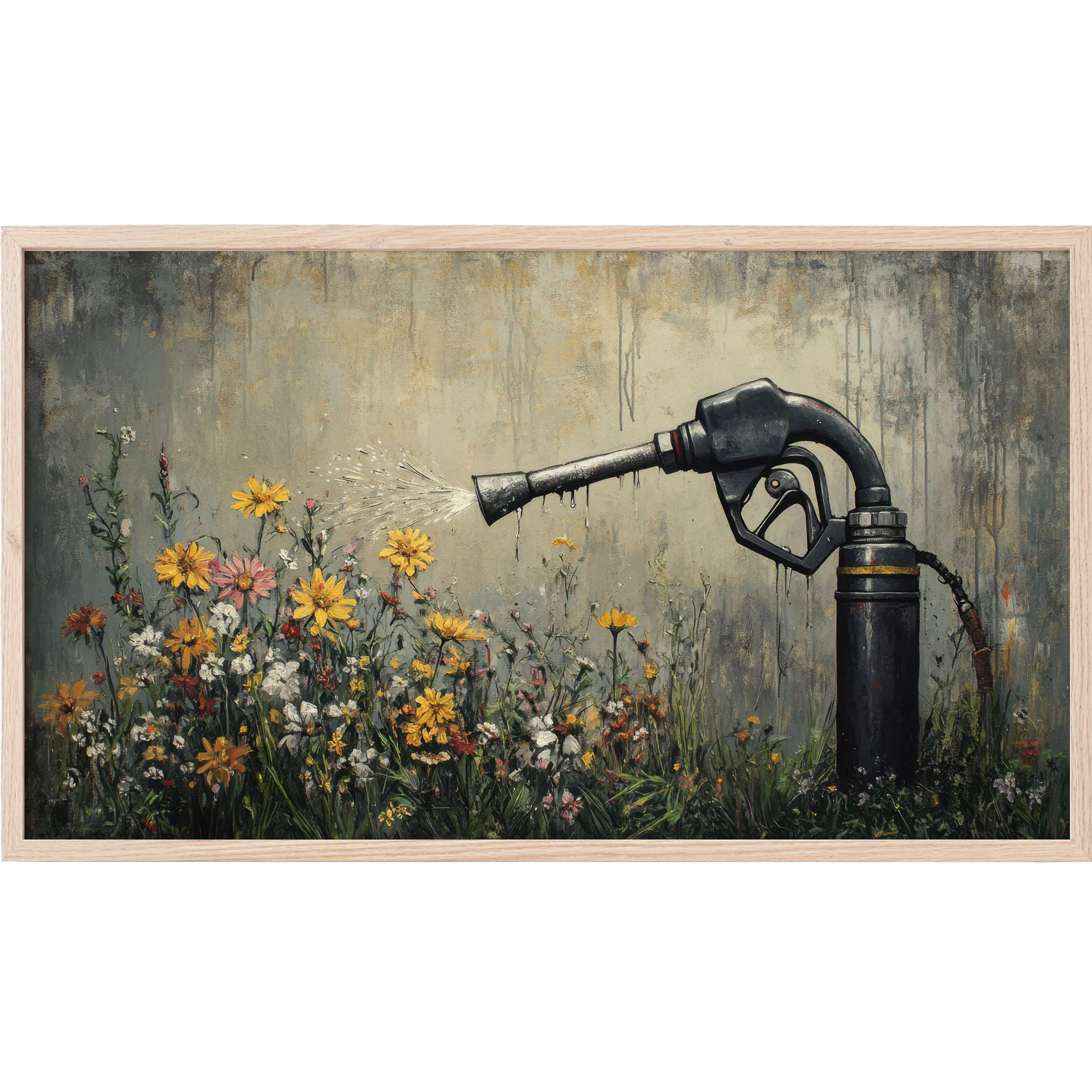 Street art Frame TV Art of a weathered gas pump nozzle watering vibrant yellow and white flowers on muted wall