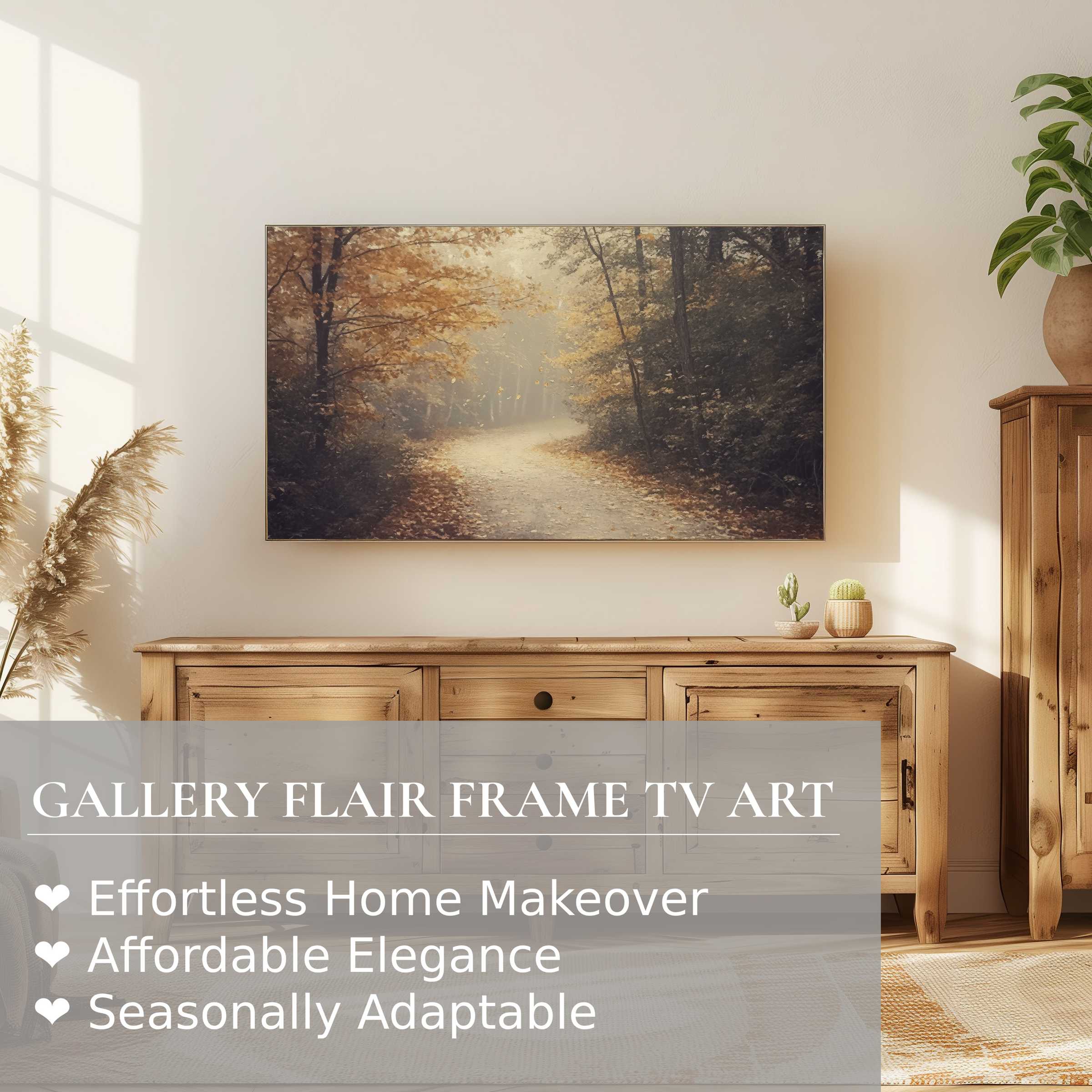 Samsung Frame TV showcasing serene fall digital artwork in a modern, cozy room with warm wood accents