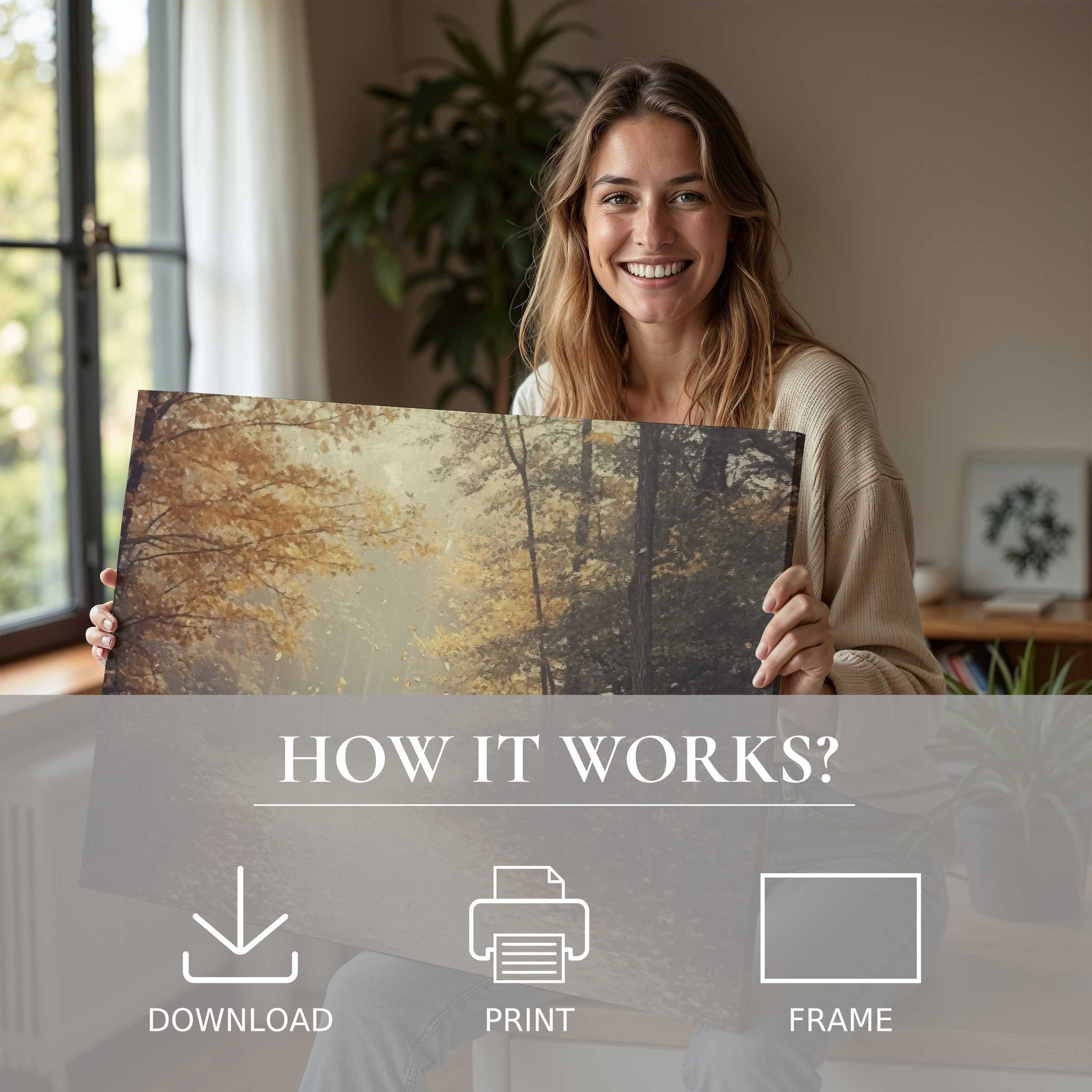 Woman in a modern home joyfully embraces a warm-toned fall digital art print, embodying effortless seasonal elegance