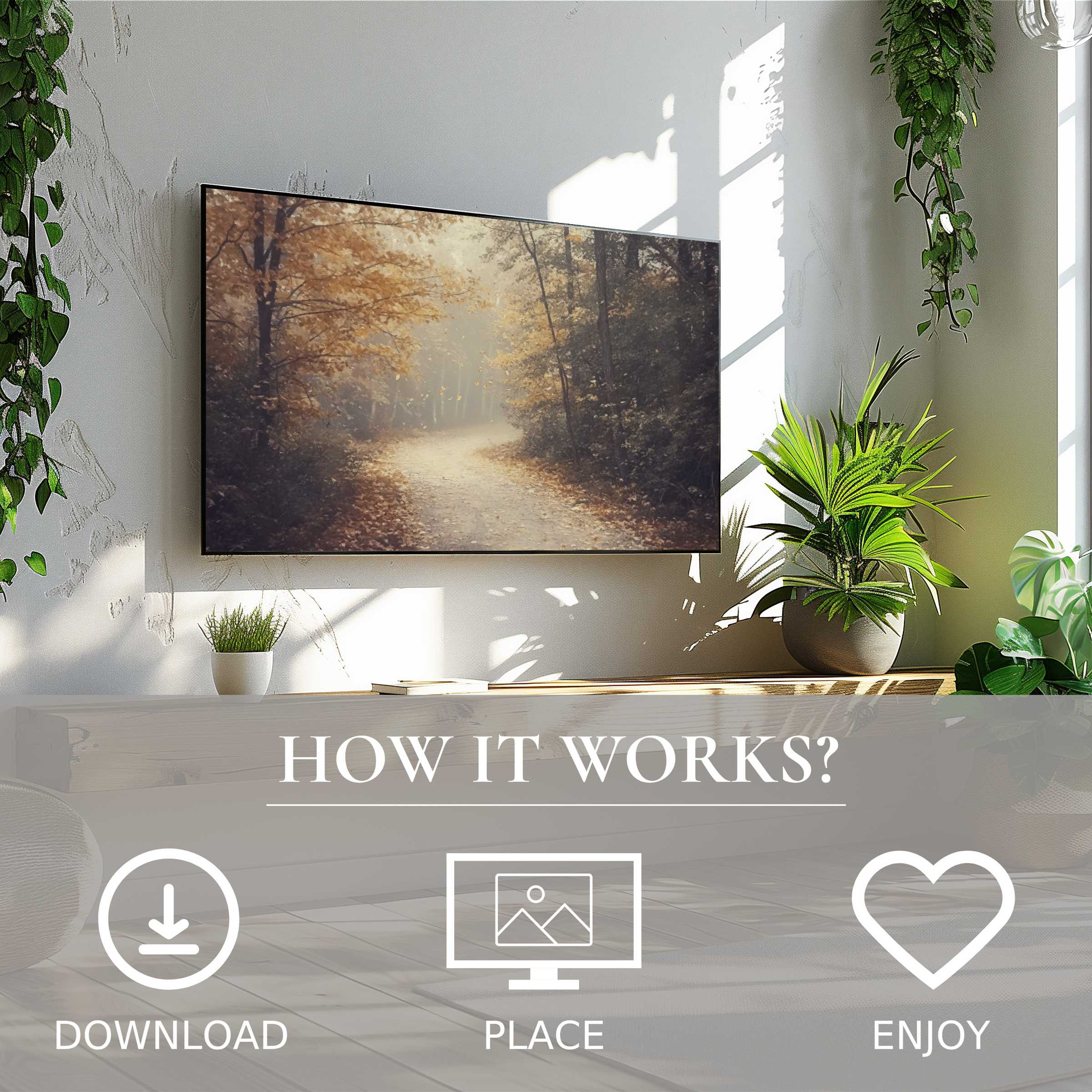 Fall art for Samsung TV shows soft sunset tones on The Frame, easy digital download enriching modern living spaces