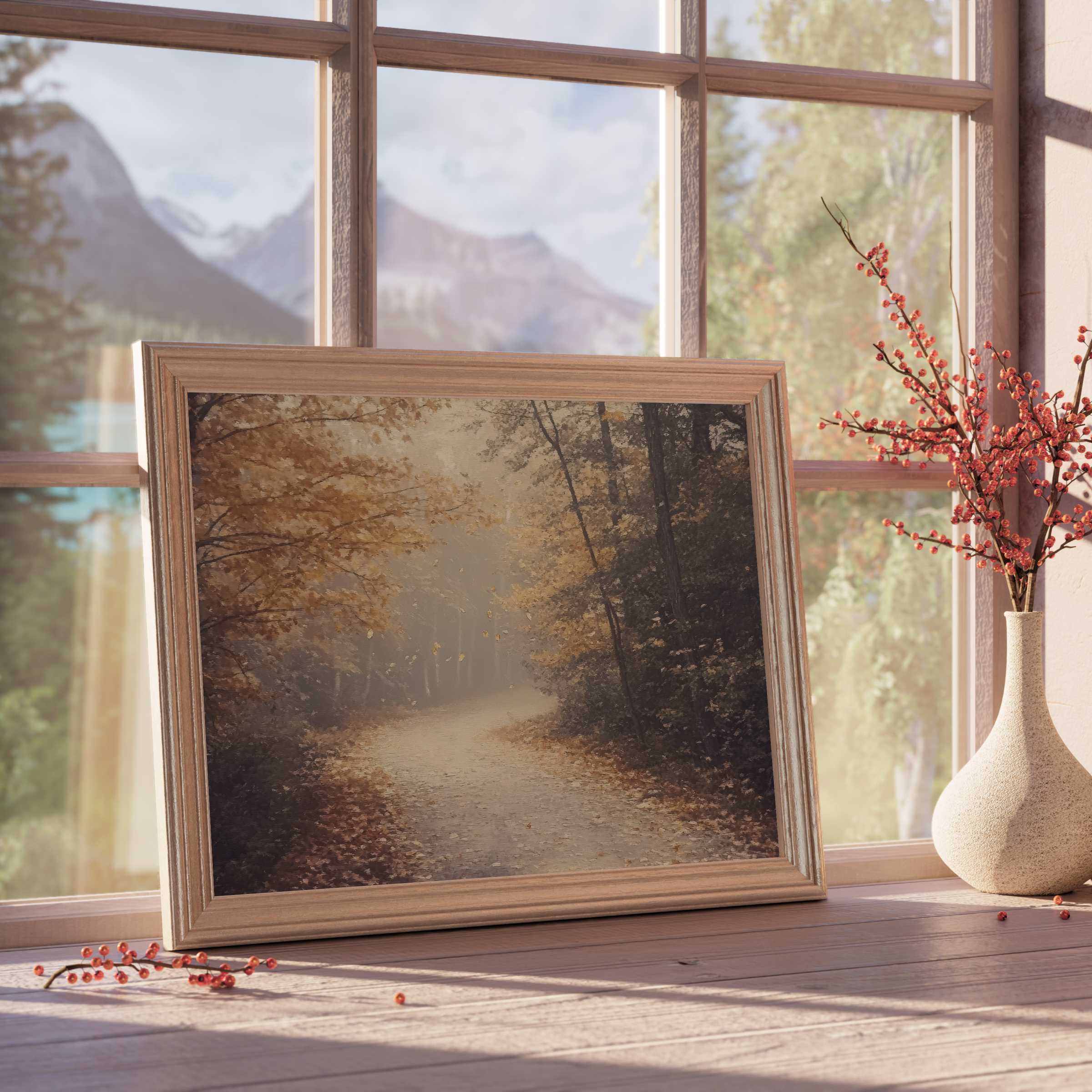 Fall downloadable art capturing a serene woodland path in muted golds and ambers, enriching modern, tranquil interiors