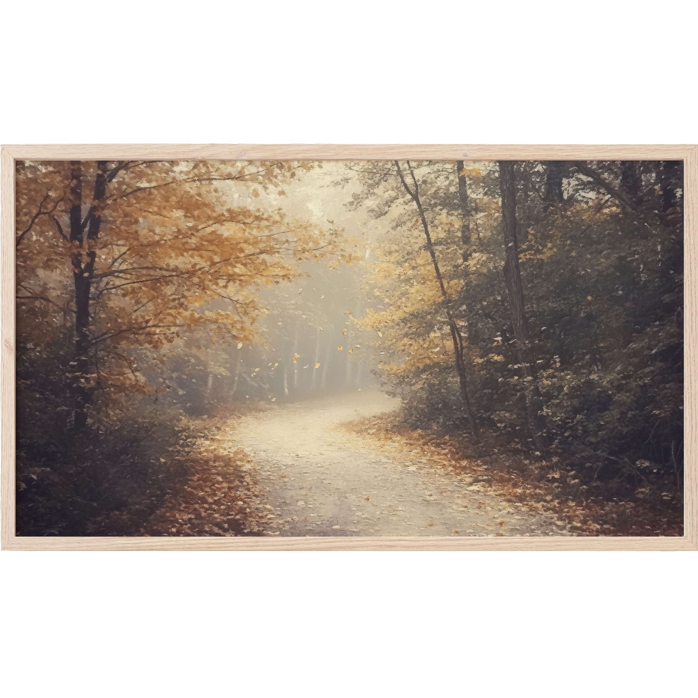 Fall Frame TV Art: serene autumn forest path in soft golds and deep browns with a misty, elegant ambiance