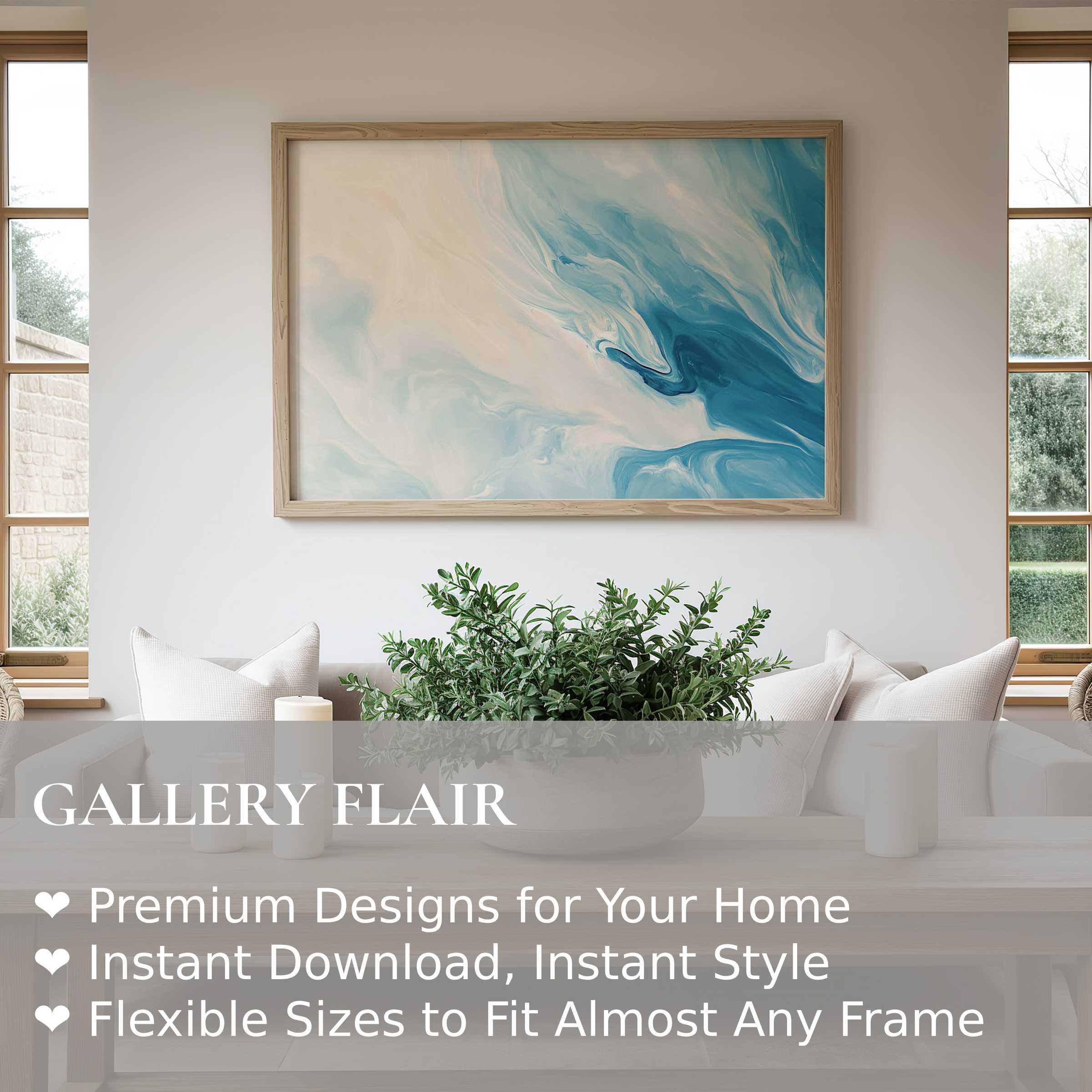 Abstract wall art print with flowing blue and cream hues, radiating a calming, modern elegance that enriches minimalist interiors