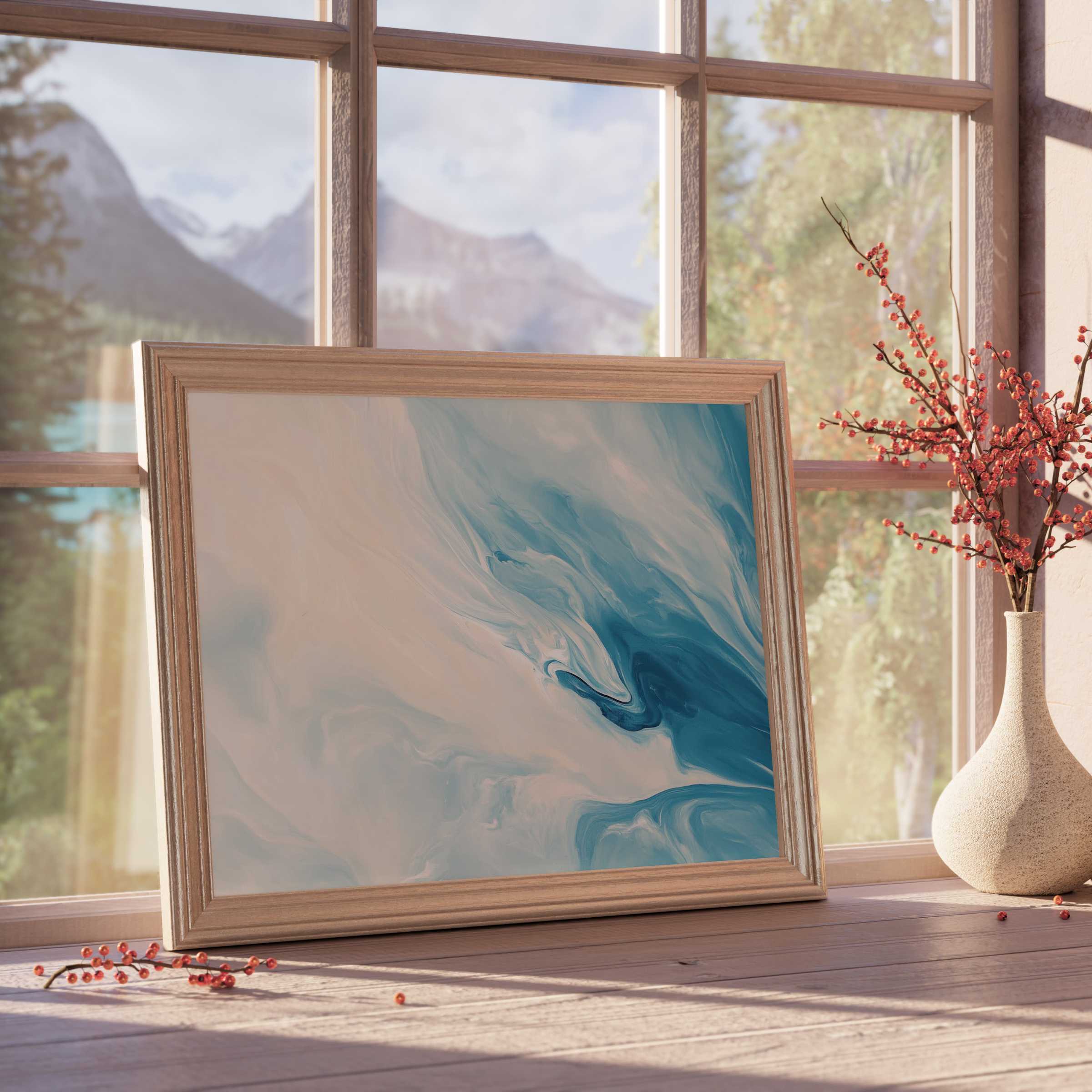 Abstract downloadable art in serene blue and cream swirls, elevating curated interiors with tranquil, modern elegance and refined coastal vibes