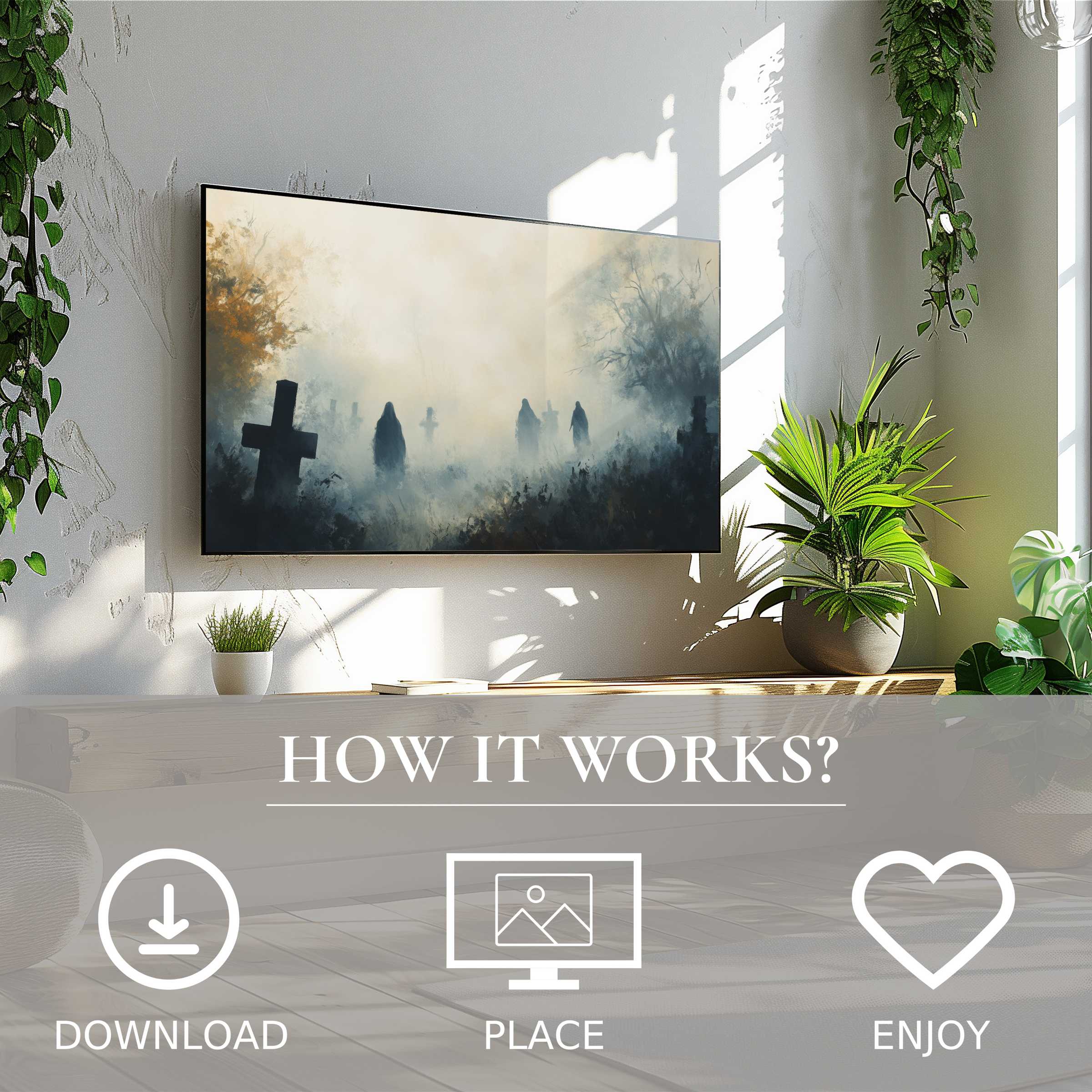 Modern living room with simple digital download; halloween art for Samsung TV shows eerie graveyard mist motif