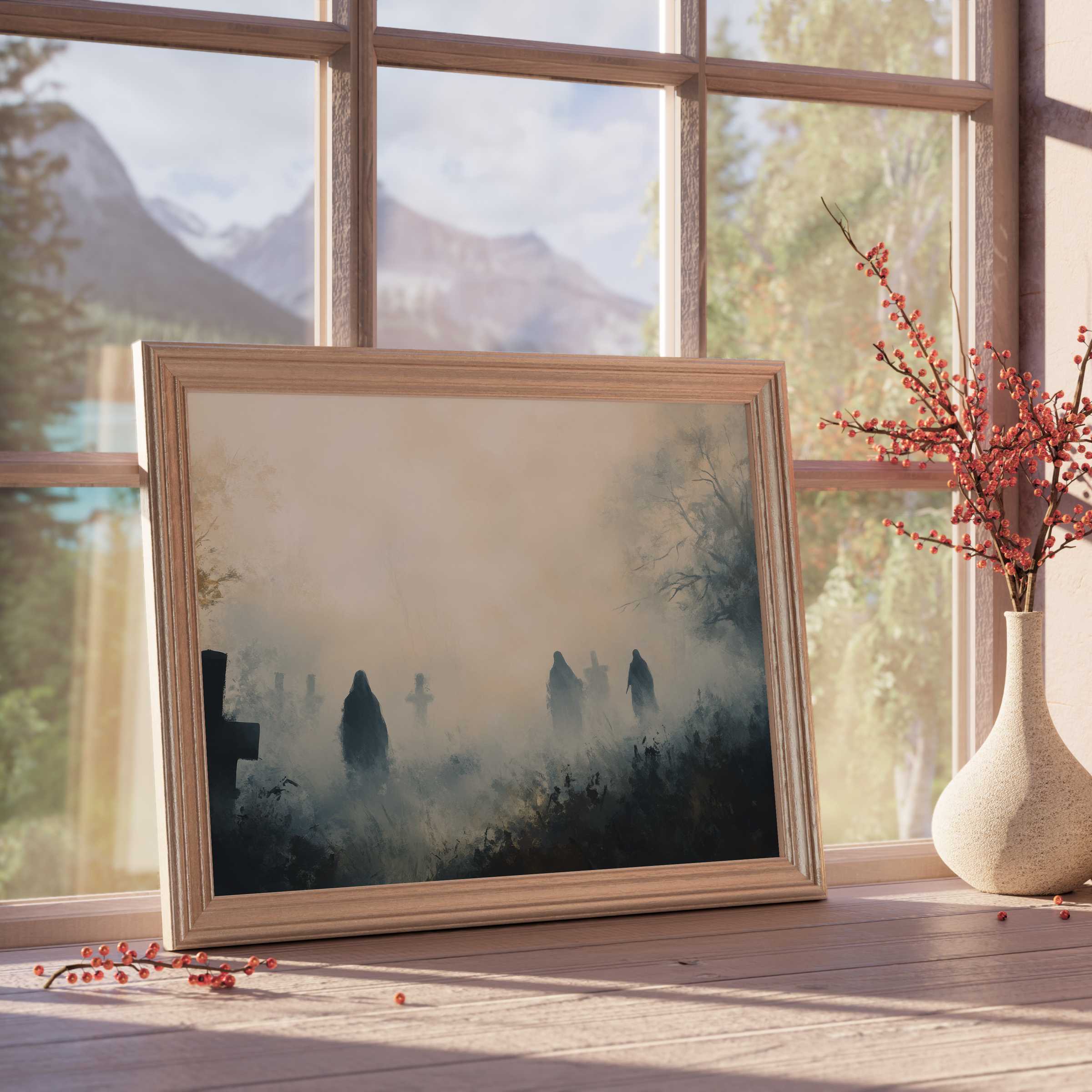 Halloween downloadable art capturing haunting silhouettes in misty graveyard, perfect for refined, tranquil seasonal interiors