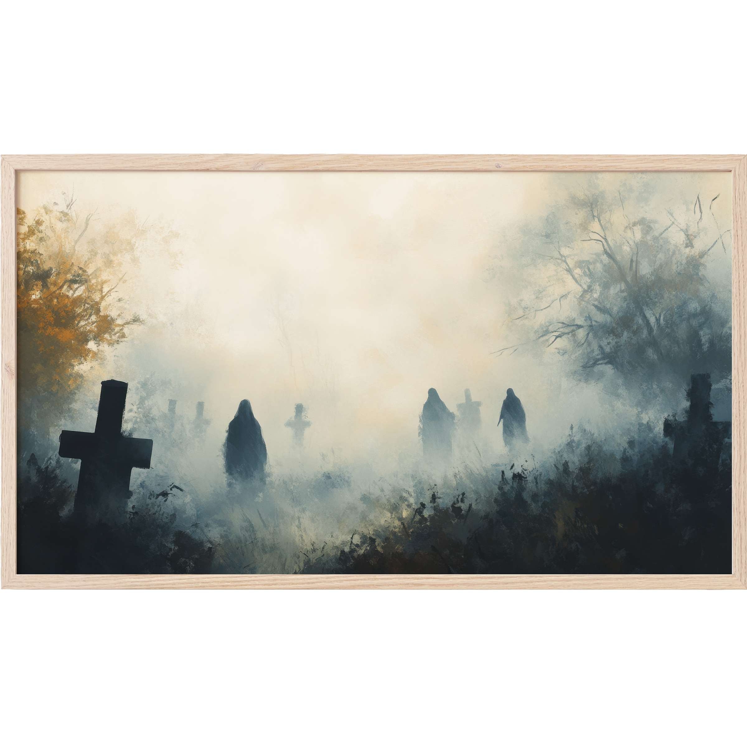 Ethereal misty graveyard scene in muted blues and ochres with shadowy figures, halloween Frame TV Art