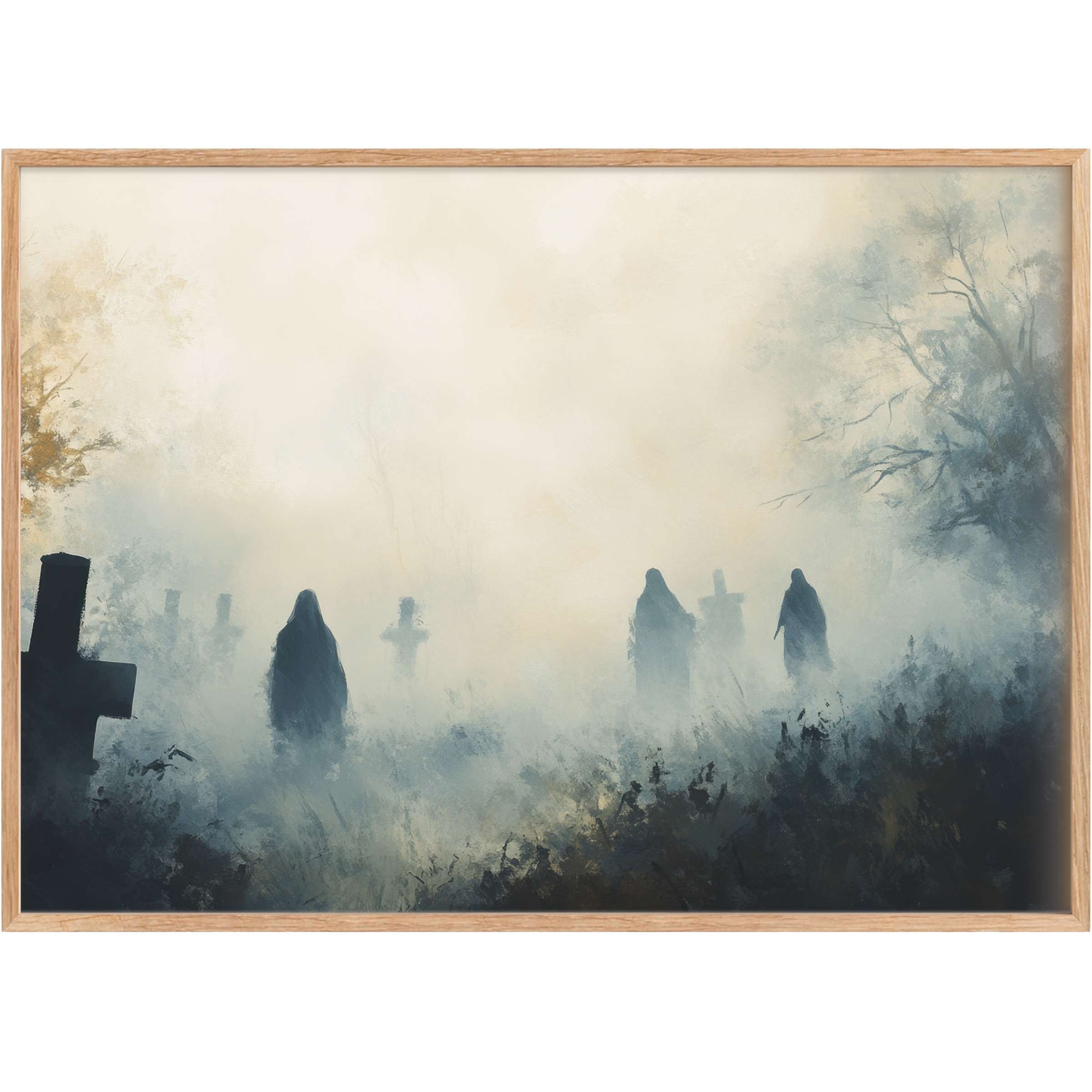 Ethereal halloween printable wall art with haunting silhouettes in misty blues and grays evokes a mysterious, moody ambiance
