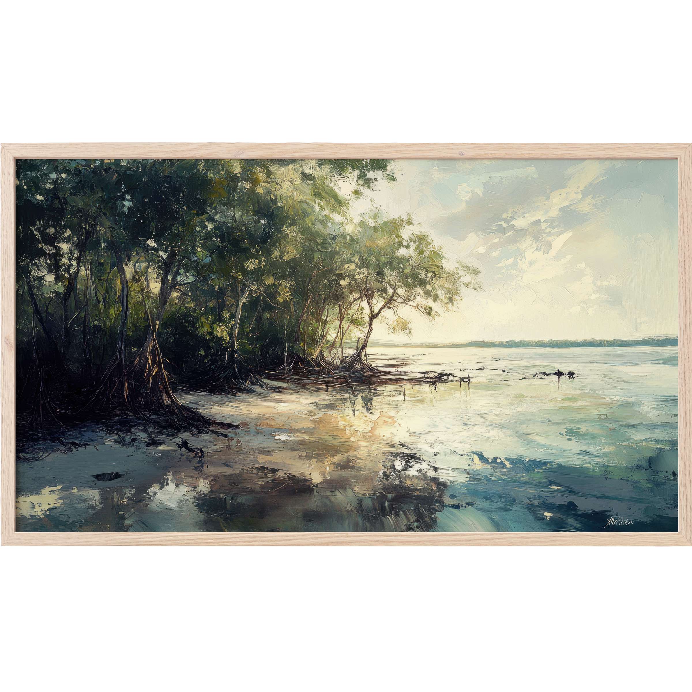 Serene coastal scene in moody greens and blues with soft light reflection, perfect beach Frame TV Art for modern spaces