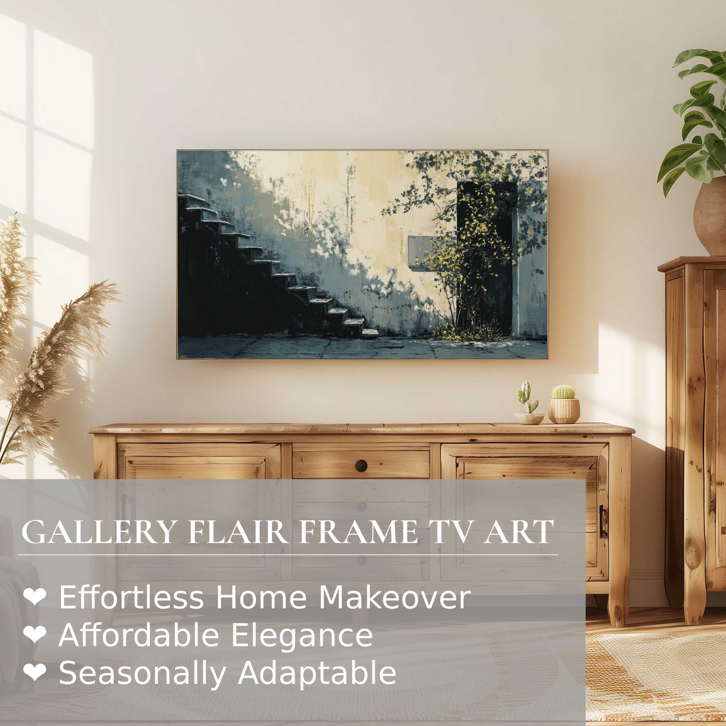 Samsung Frame TV displaying urban digital artwork in muted tones, enhancing refined modern home decor settings