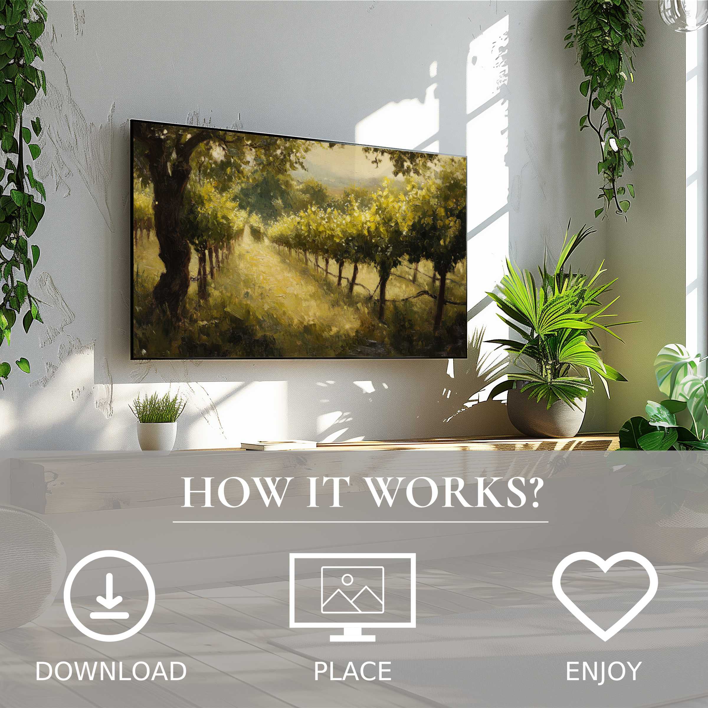 Botanical art for Samsung TV shows warm vineyard scene; easy digital download enriches modern living spaces