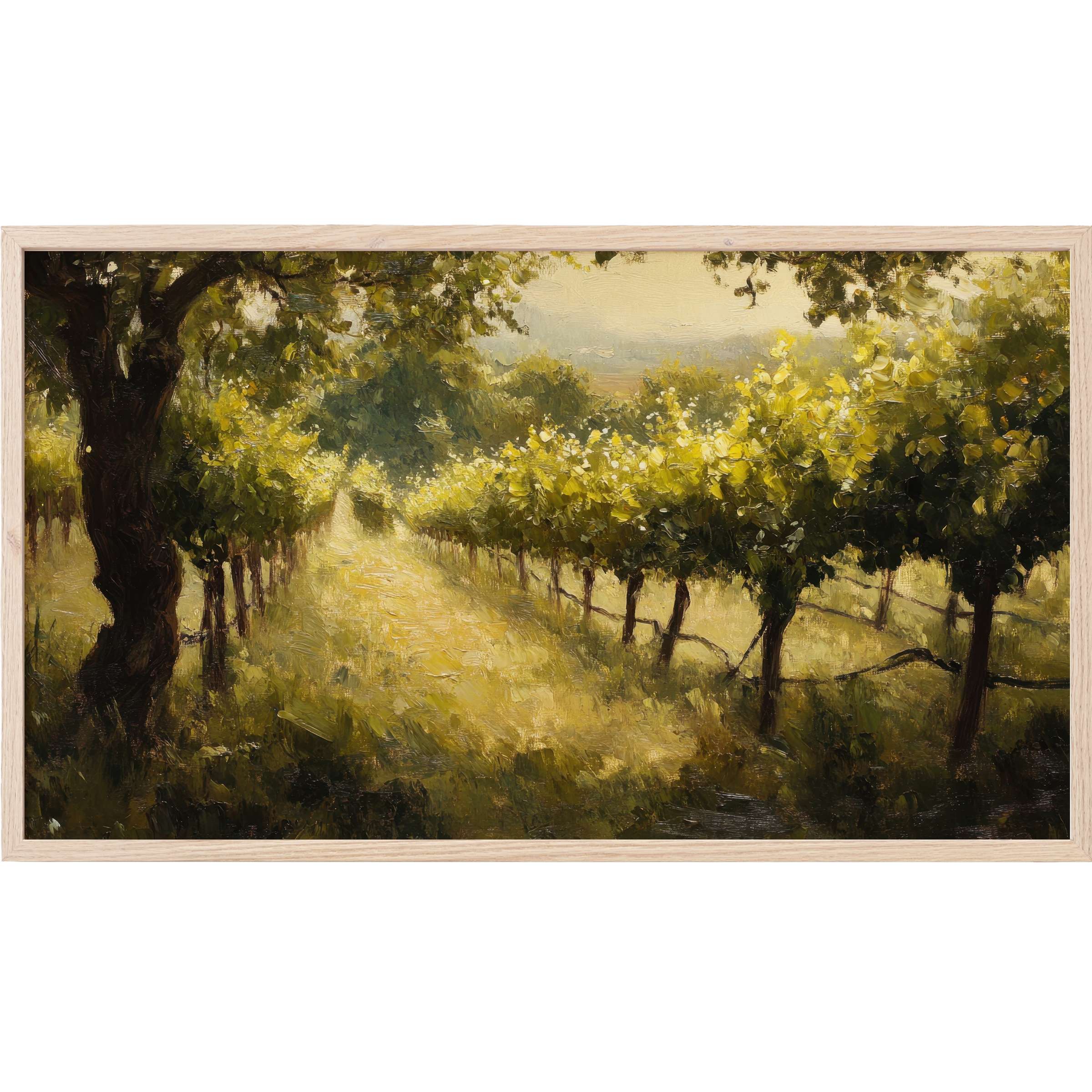 Sunlit vineyard scene in rich greens and golds, textured brushstrokes evoke warmth in botanical Frame TV Art
