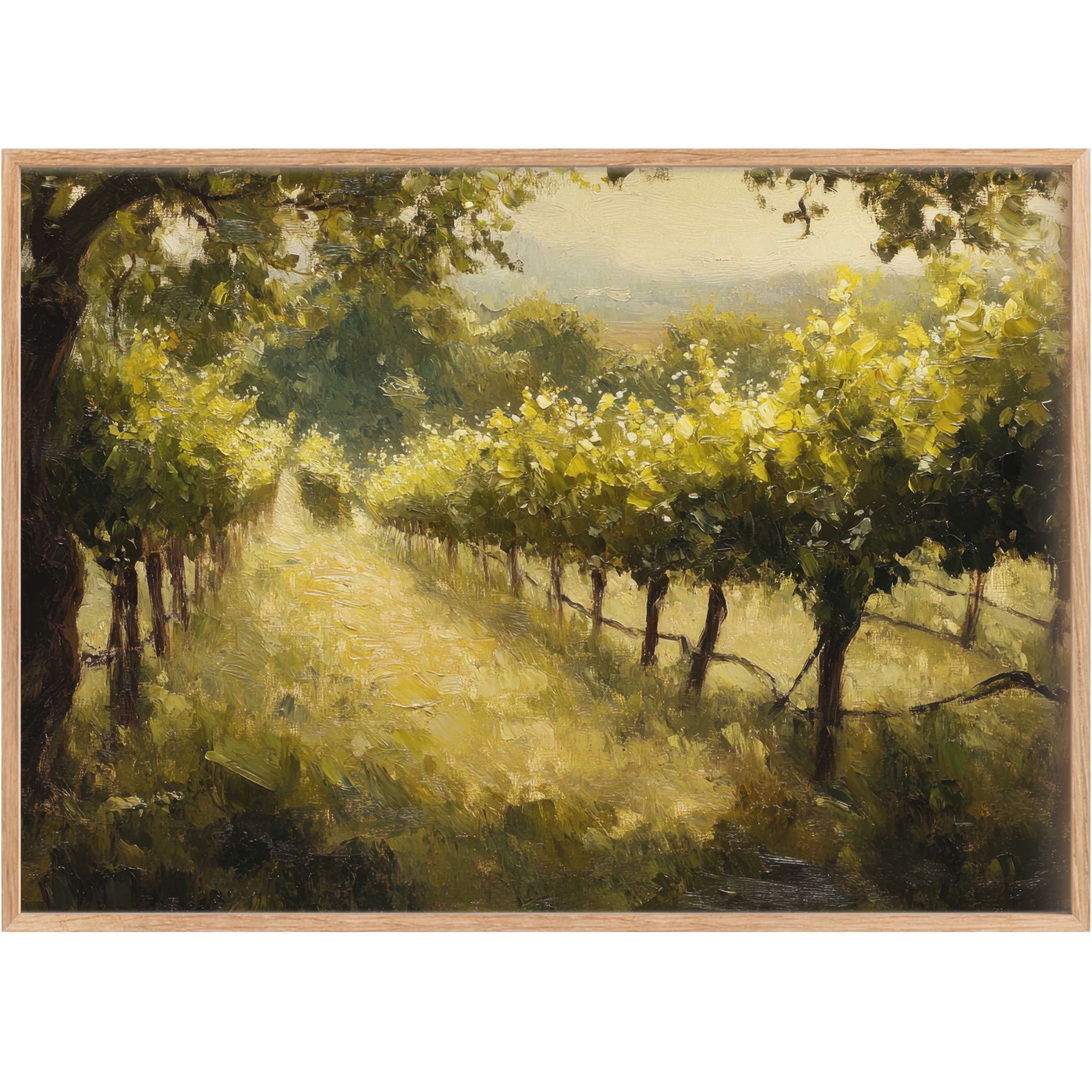 Botanical printable wall art capturing a sunlit vineyard in lush greens and golden hues, evoking calm elegance and warmth