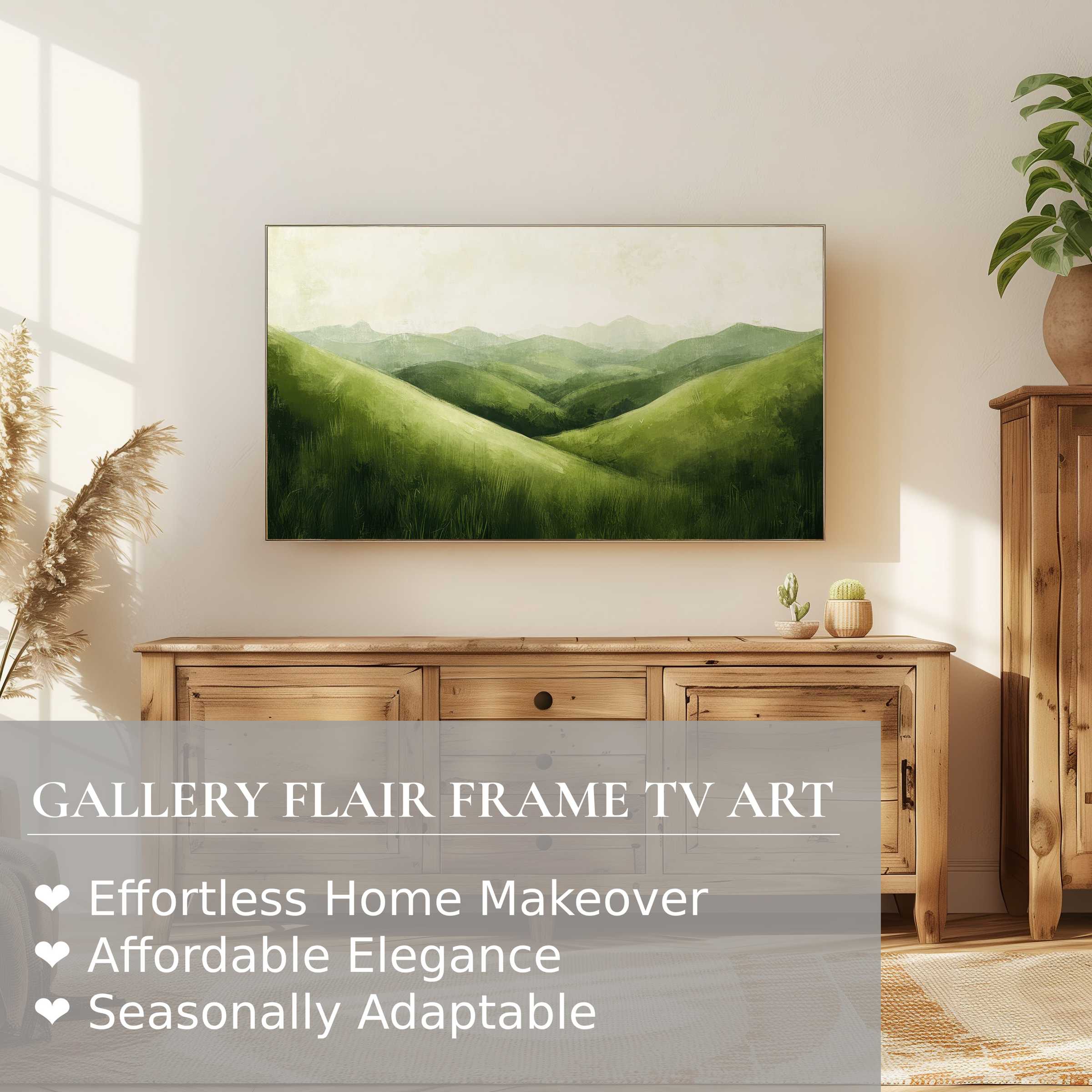 Elegant Samsung Frame TV displaying serene summer digital artwork of lush green hills in a modern, sunlit living space