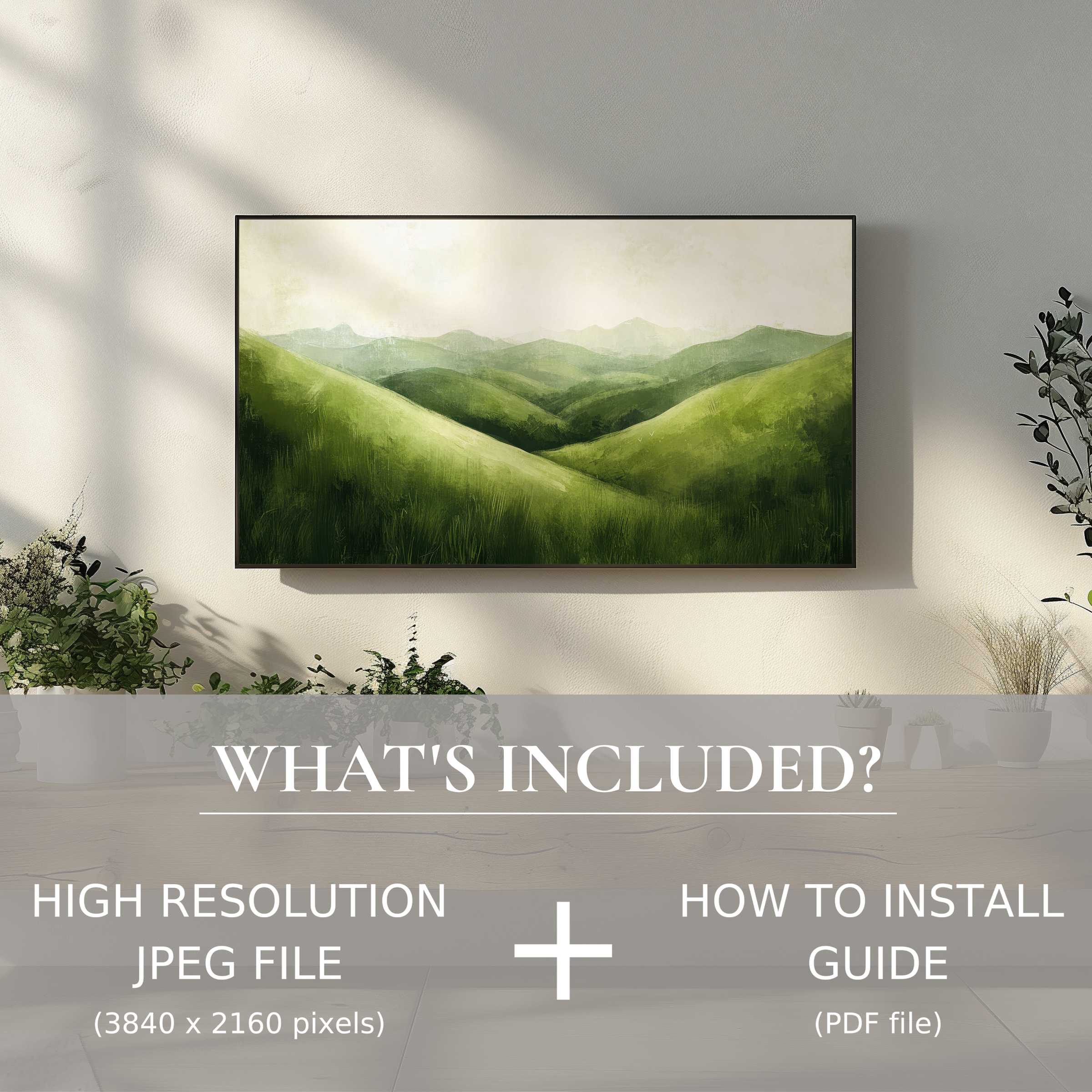 Elegant summer digital TV art download showcasing lush green hills, easy use to elevate any living space