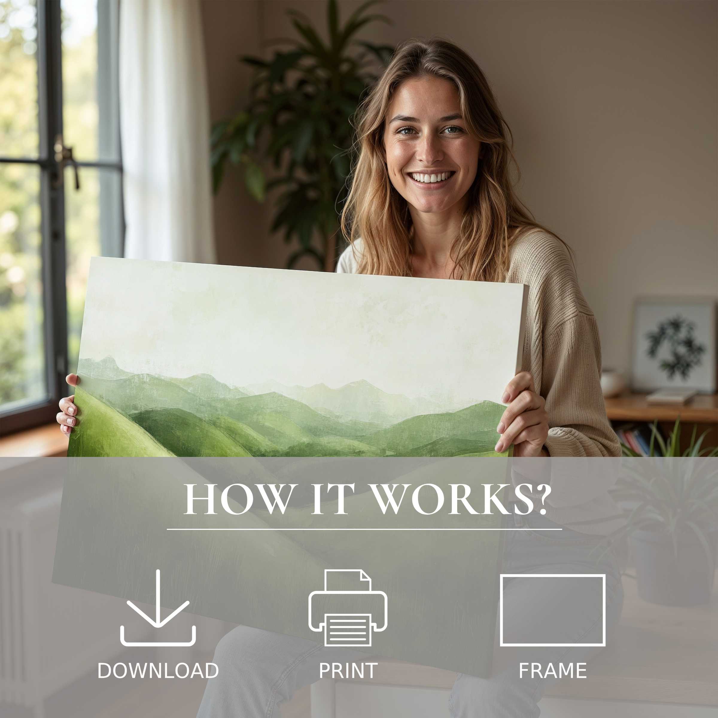 A serene summer digital art print softly captures rolling green hills, embraced by a joyful soul in a modern, sunlit home