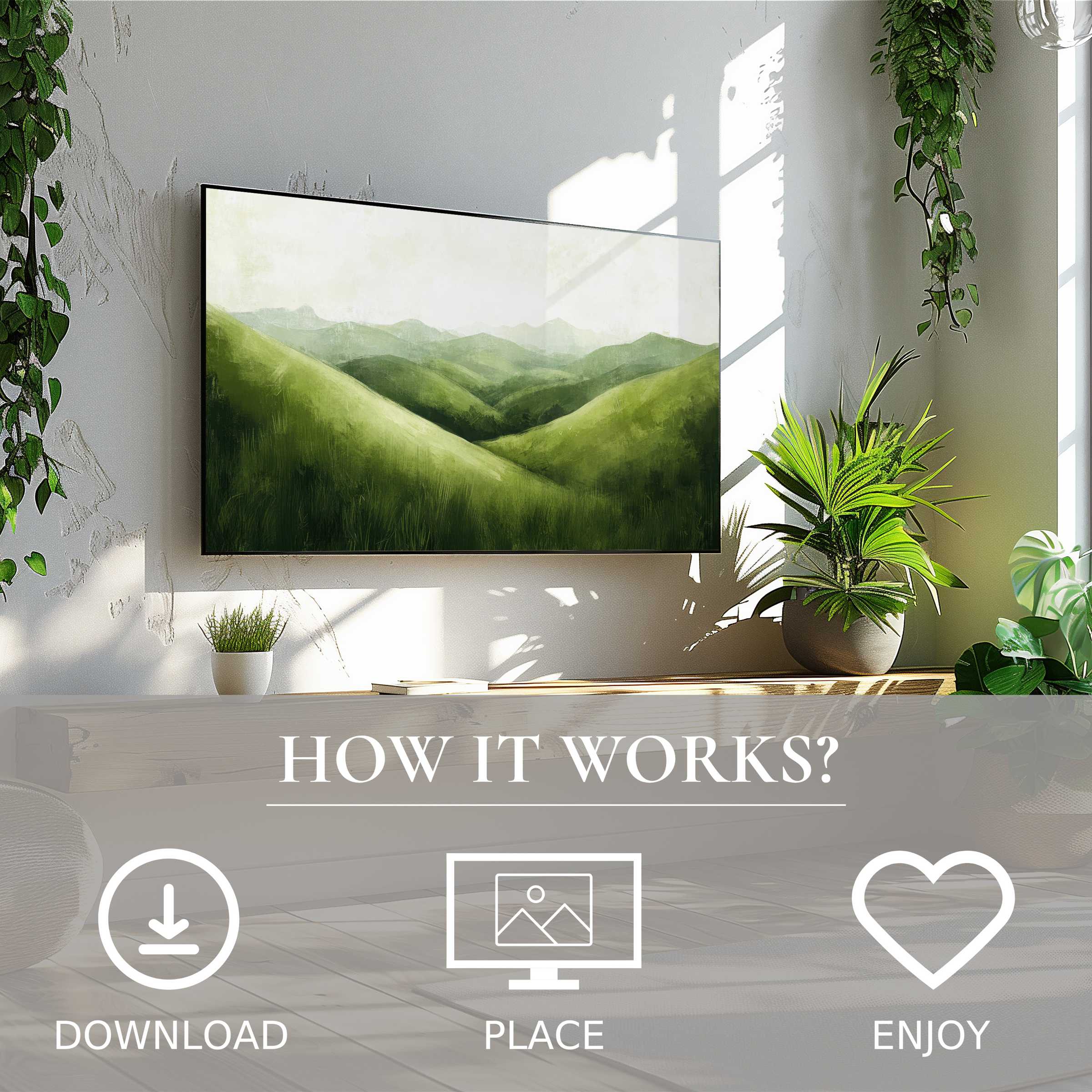 Summer art for Samsung TV shows soft green hills, easily downloaded to enhance modern living with digital simplicity