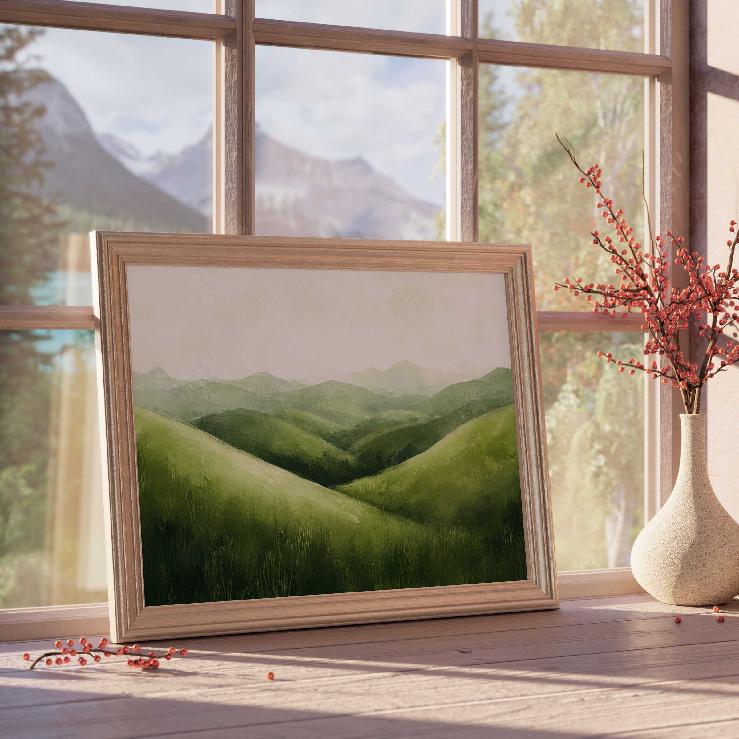 Serene summer downloadable art of lush green rolling hills, perfect for elevating tranquil, design-forward interiors with natural warmth