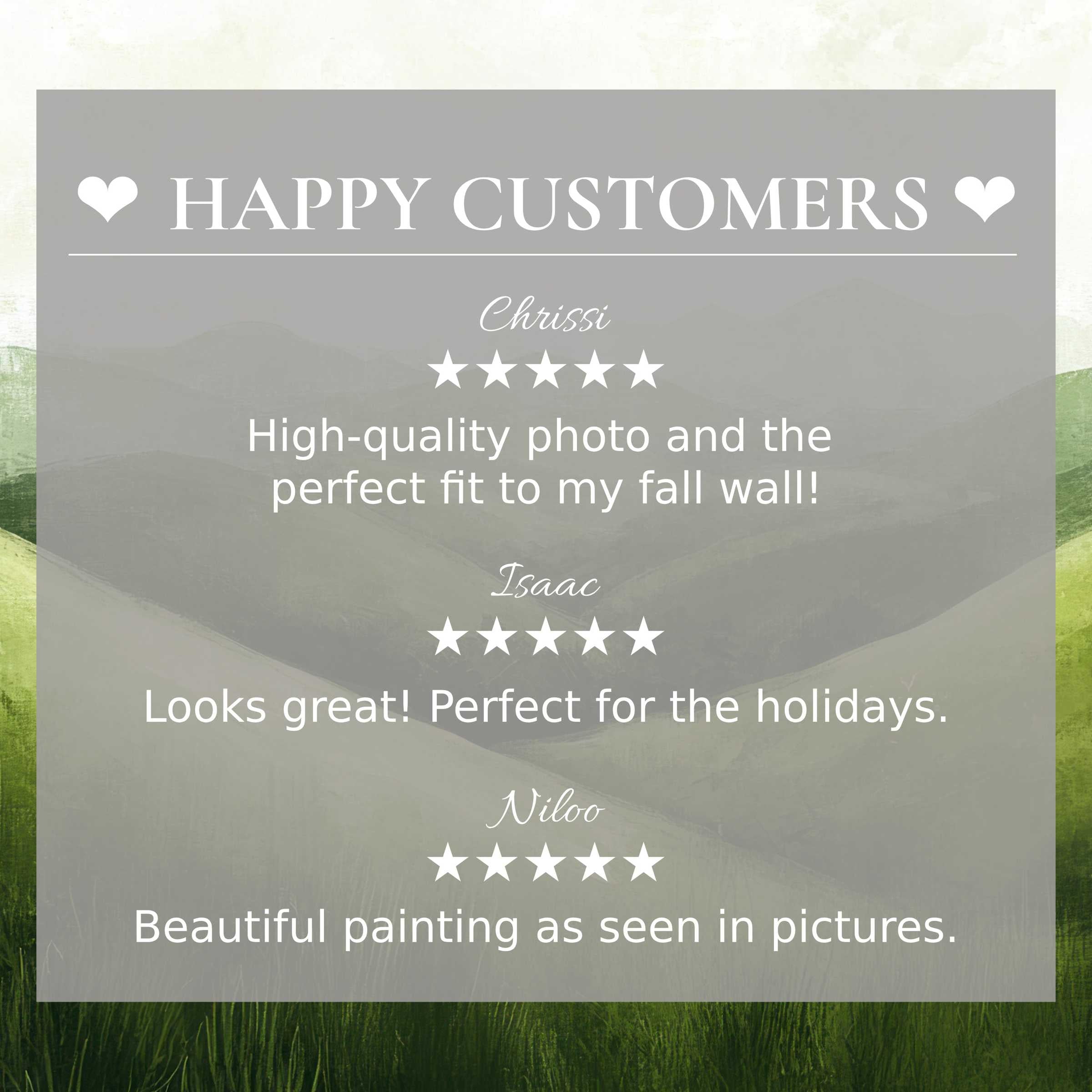 Elegant layout with abstract green hill art, highlighting summer art for Frame TV and happy customer reviews