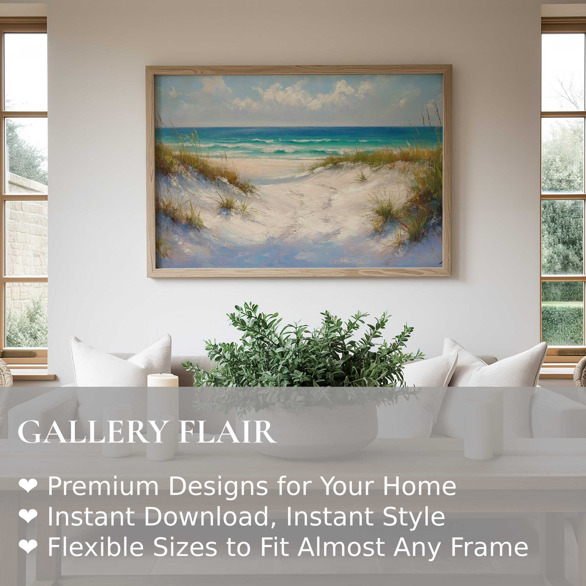 Coastal wall art print depicting serene beach dunes and turquoise waves, enhancing modern minimalist interiors with calming, radiant elegance