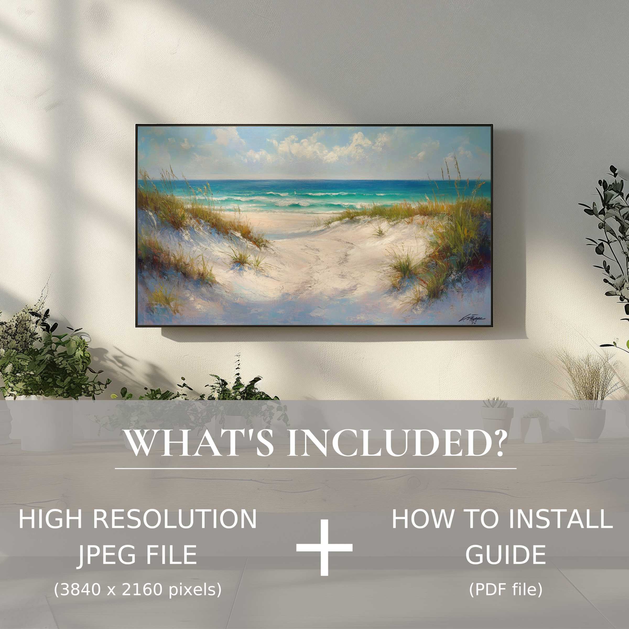Elegant coastal digital TV art download transforming living space with easy digital use for stylish, modern home decor