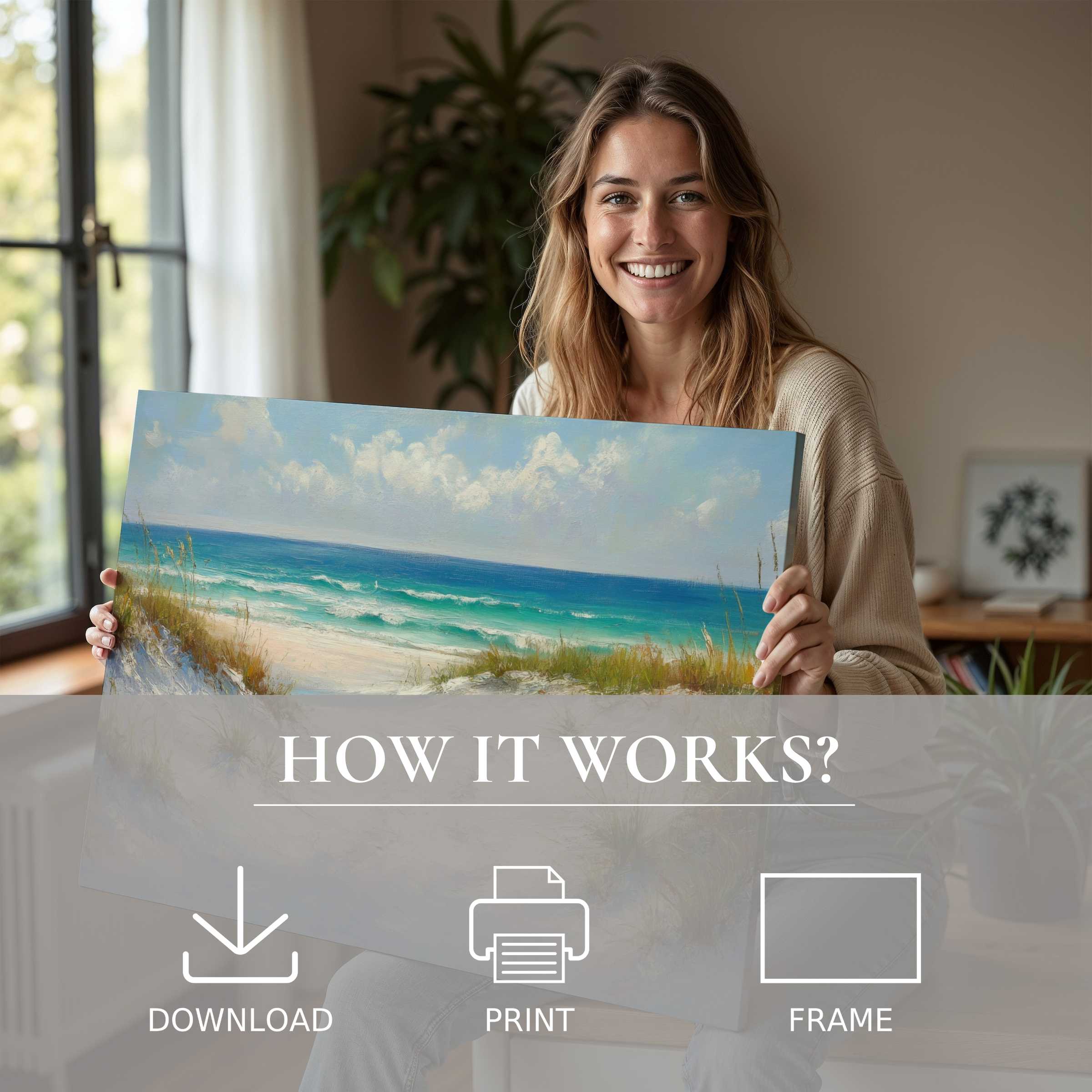 Coastal digital art print radiates calm joy, seamlessly enhancing a modern home’s serene ambiance with effortless elegance