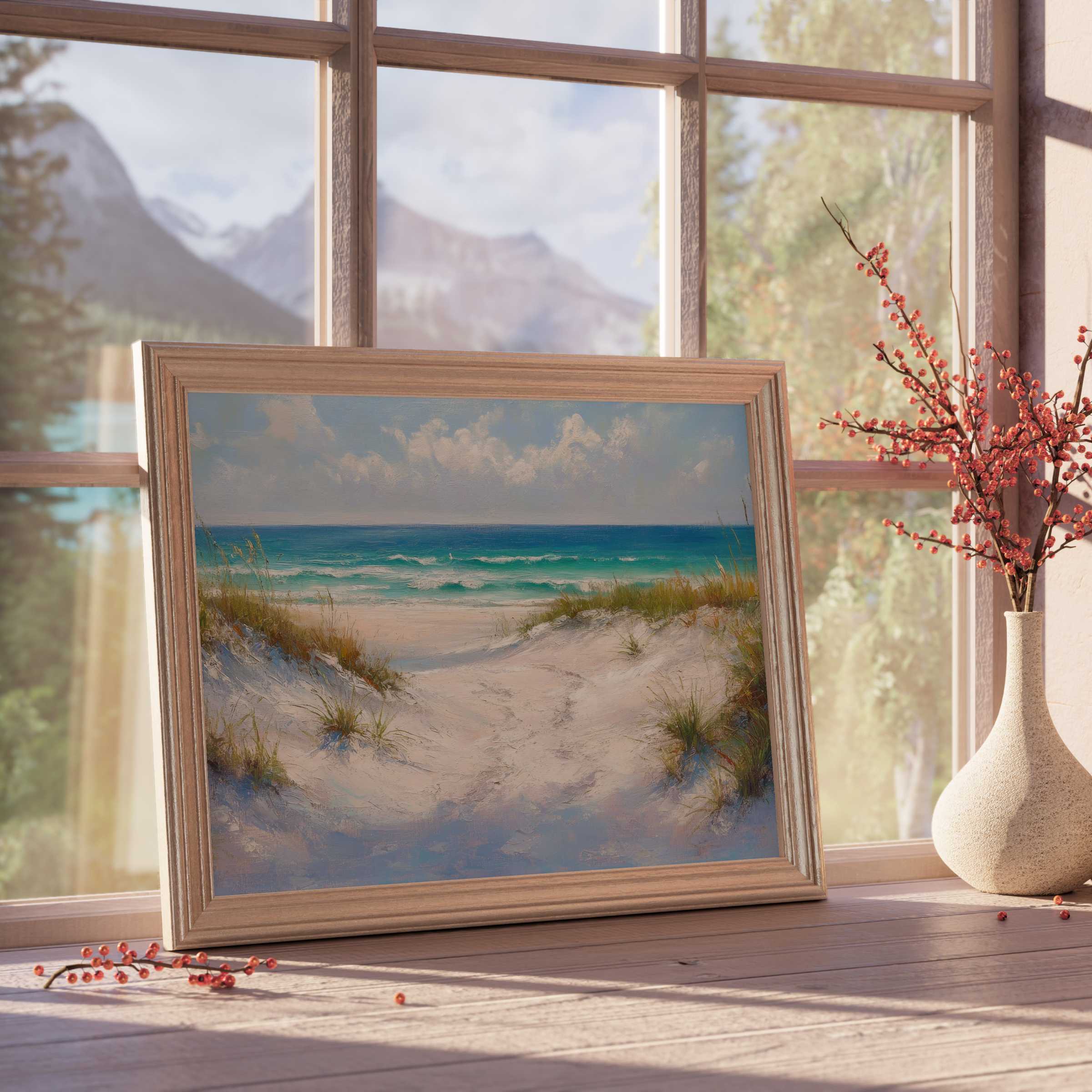 Coastal downloadable art depicting serene beach dunes and turquoise waves, elevating elegant, tranquil interiors with natural charm