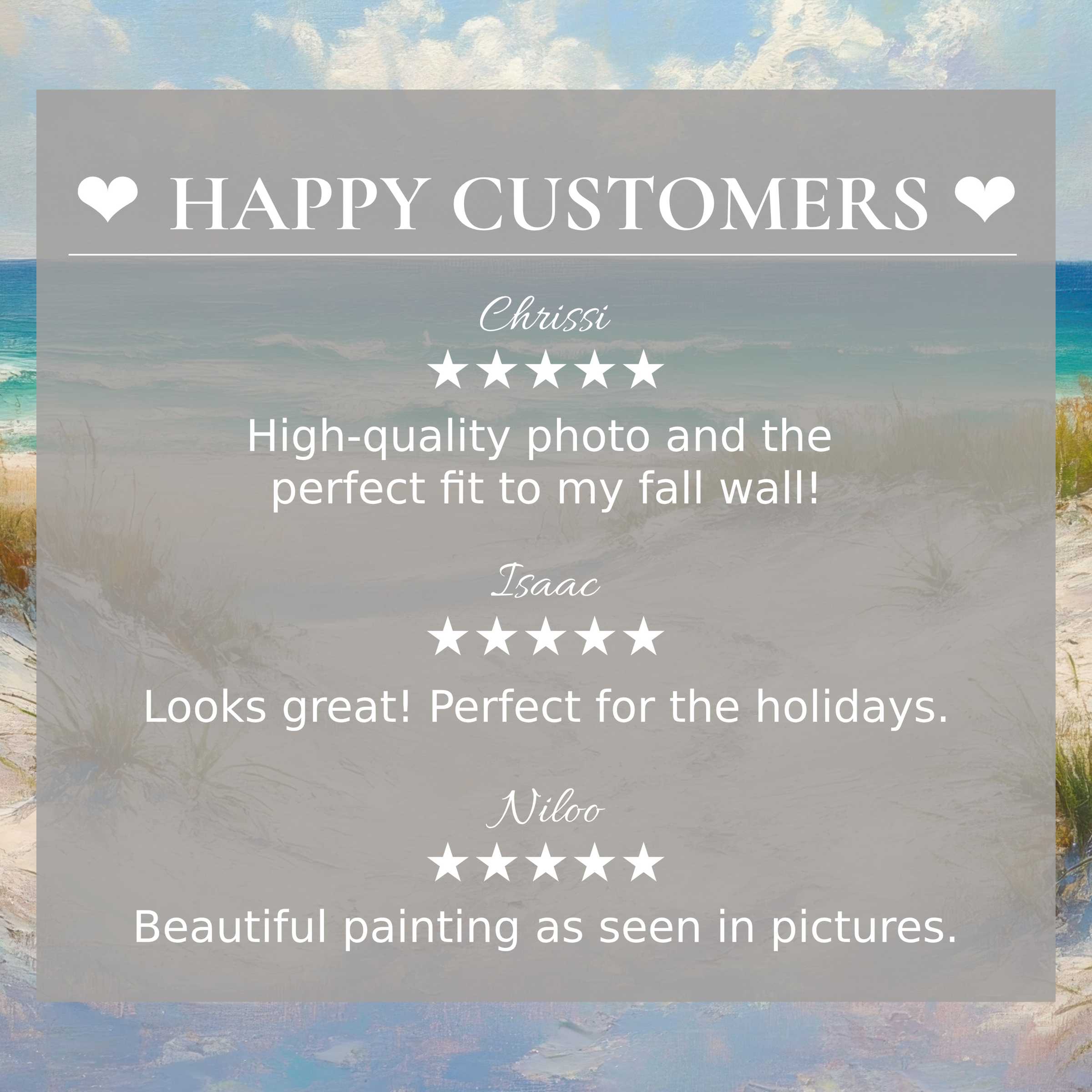 Coastal art for Frame TV with serene beach dunes background, showcasing happy customer reviews and refined trust