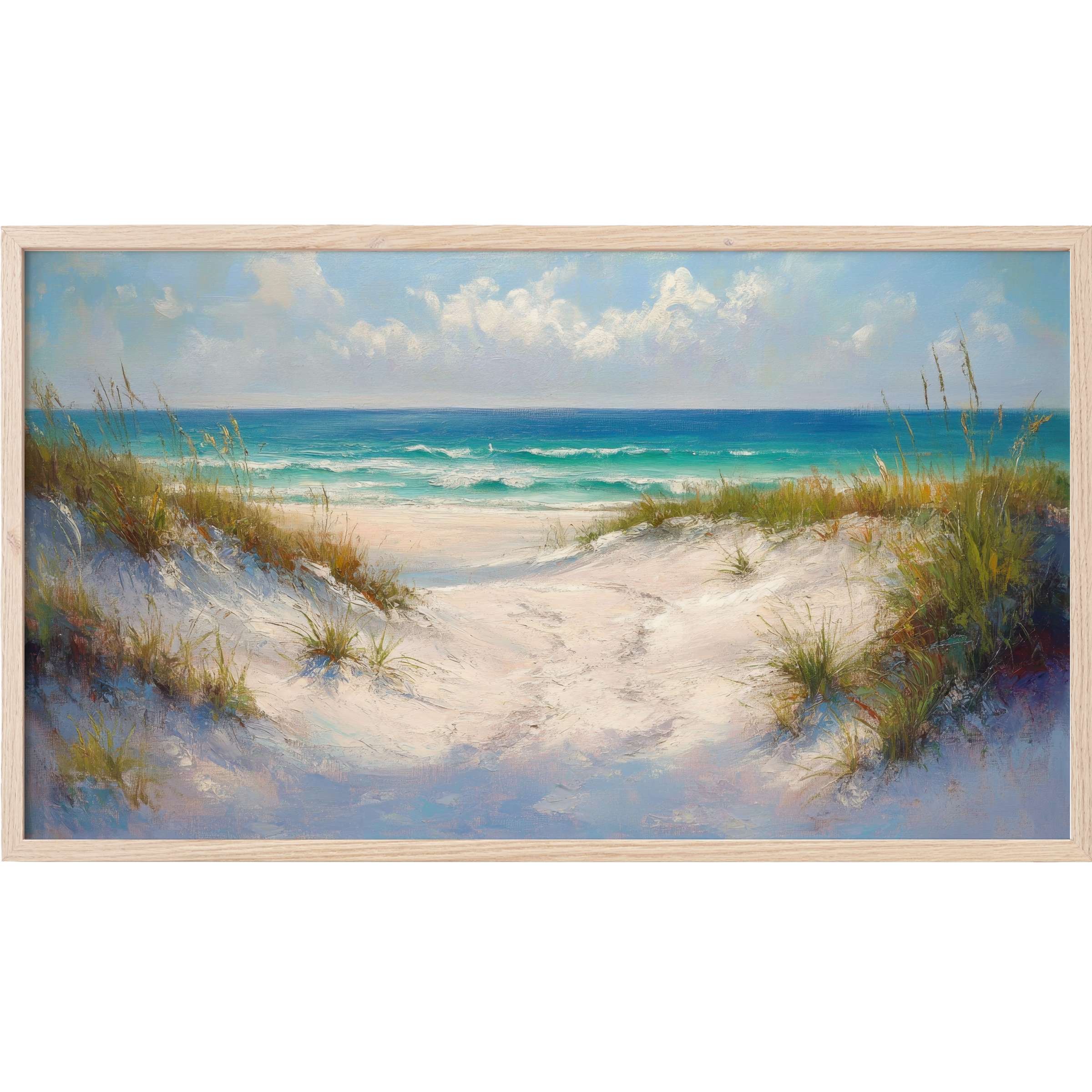 Coastal Frame TV Art depicting serene sandy dunes with grasses, soft blue skies, and turquoise ocean in a modern, elegant style