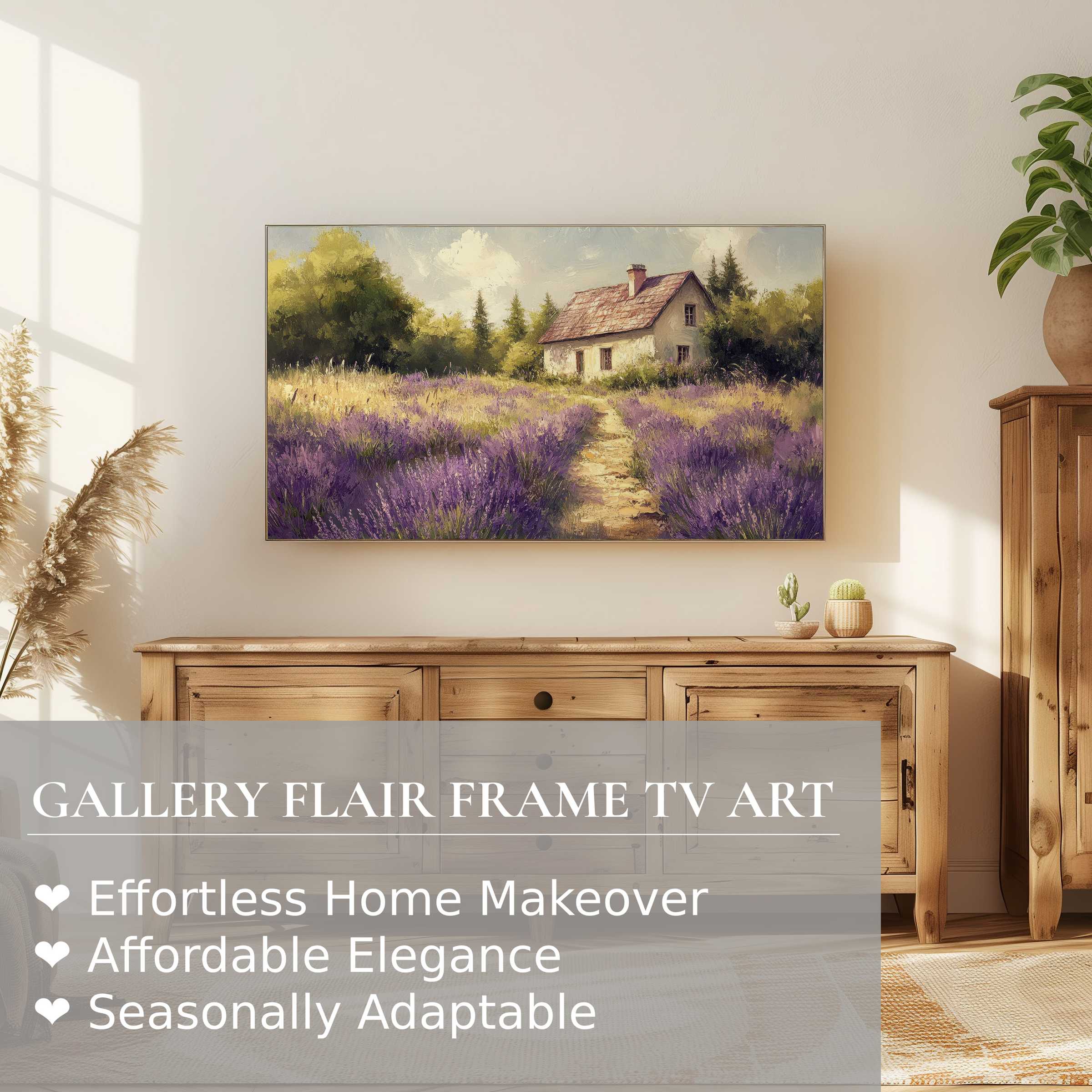 Samsung Frame TV displays elegant farmhouse digital artwork of a rustic cottage amidst lavender fields in a sunlit room