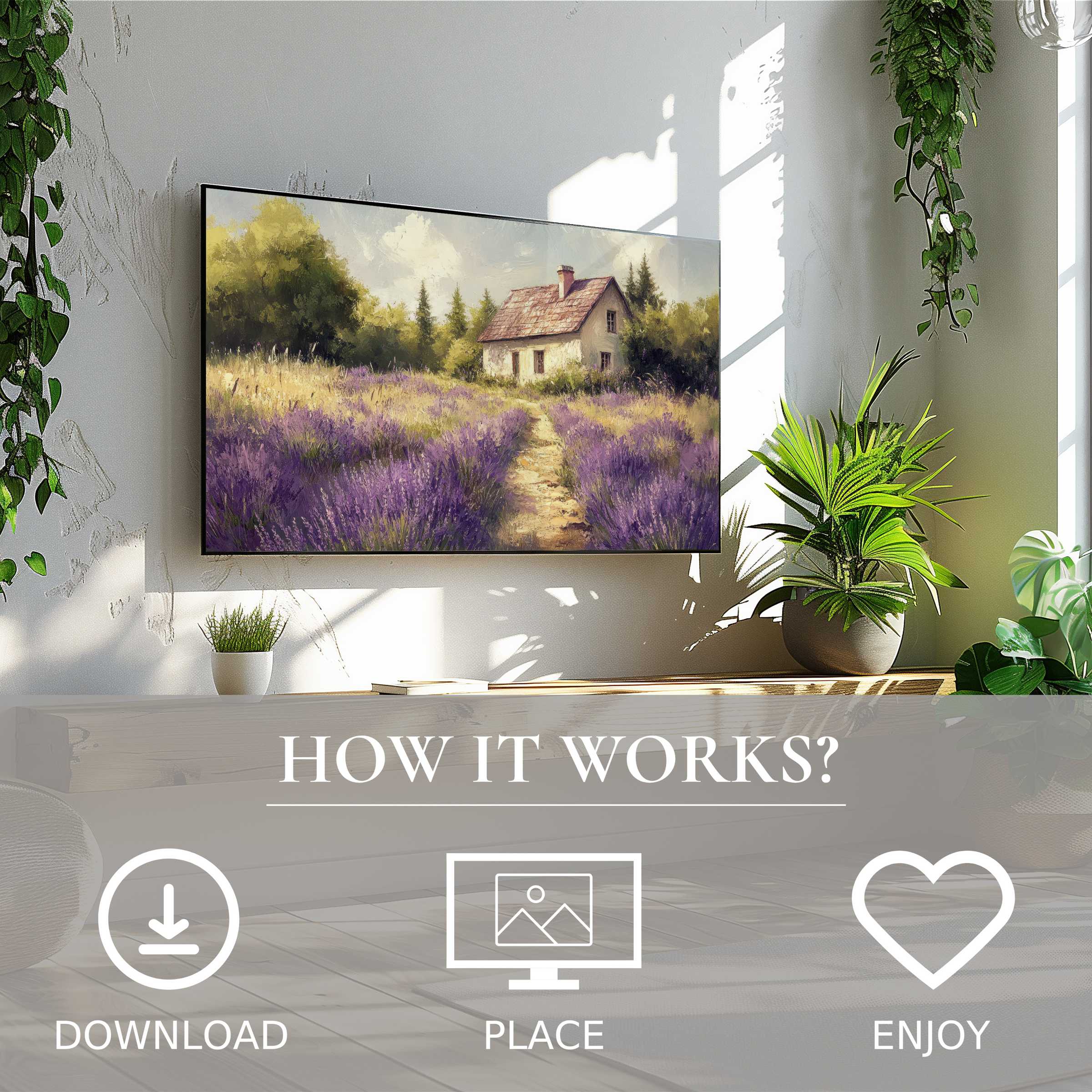 Farmhouse art for Samsung TV shows soft lavender fields and rustic cottage, digital download enriches modern living spaces