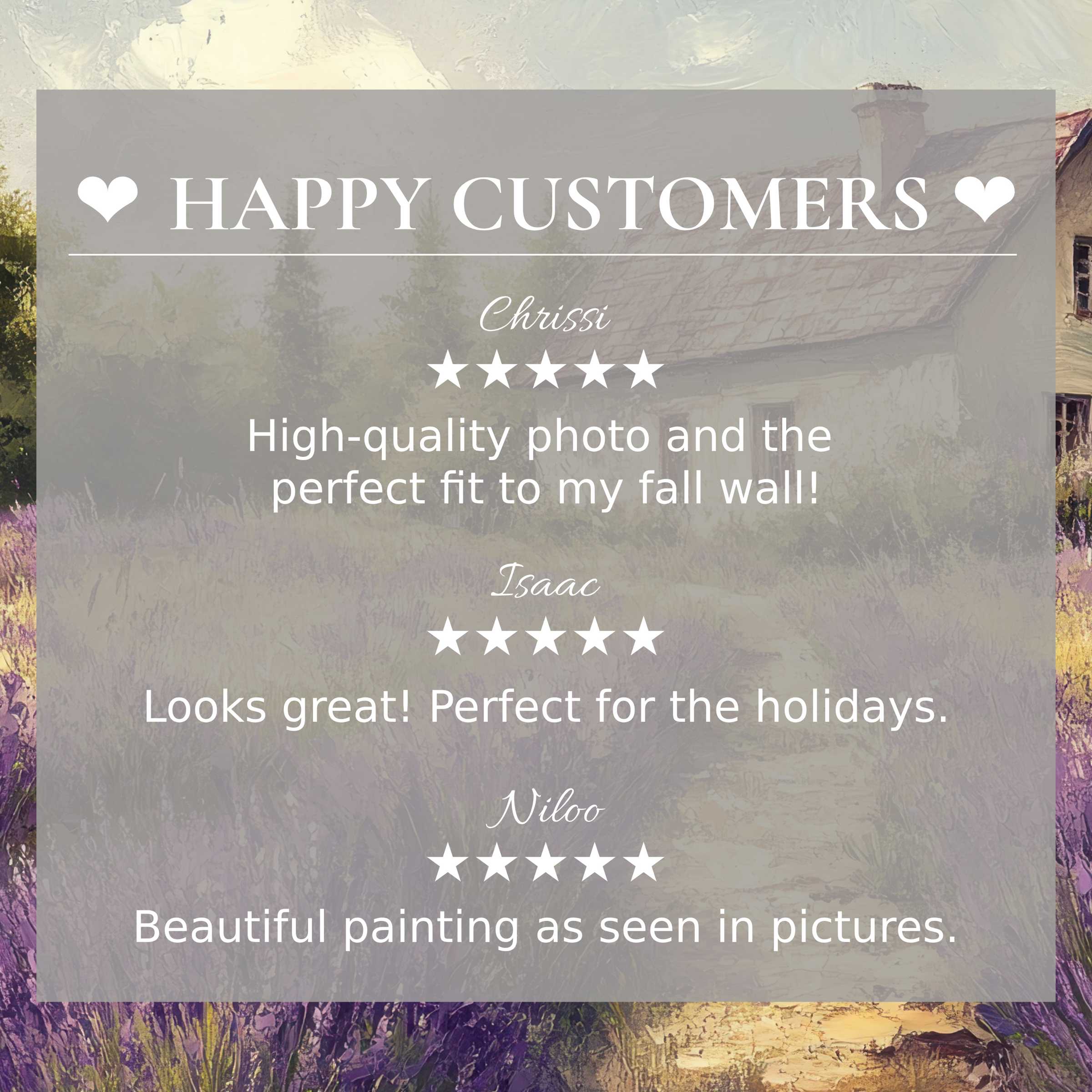 Farmhouse art for Frame TV with soft purple landscape backdrop, showcasing happy customer reviews and trusted elegance