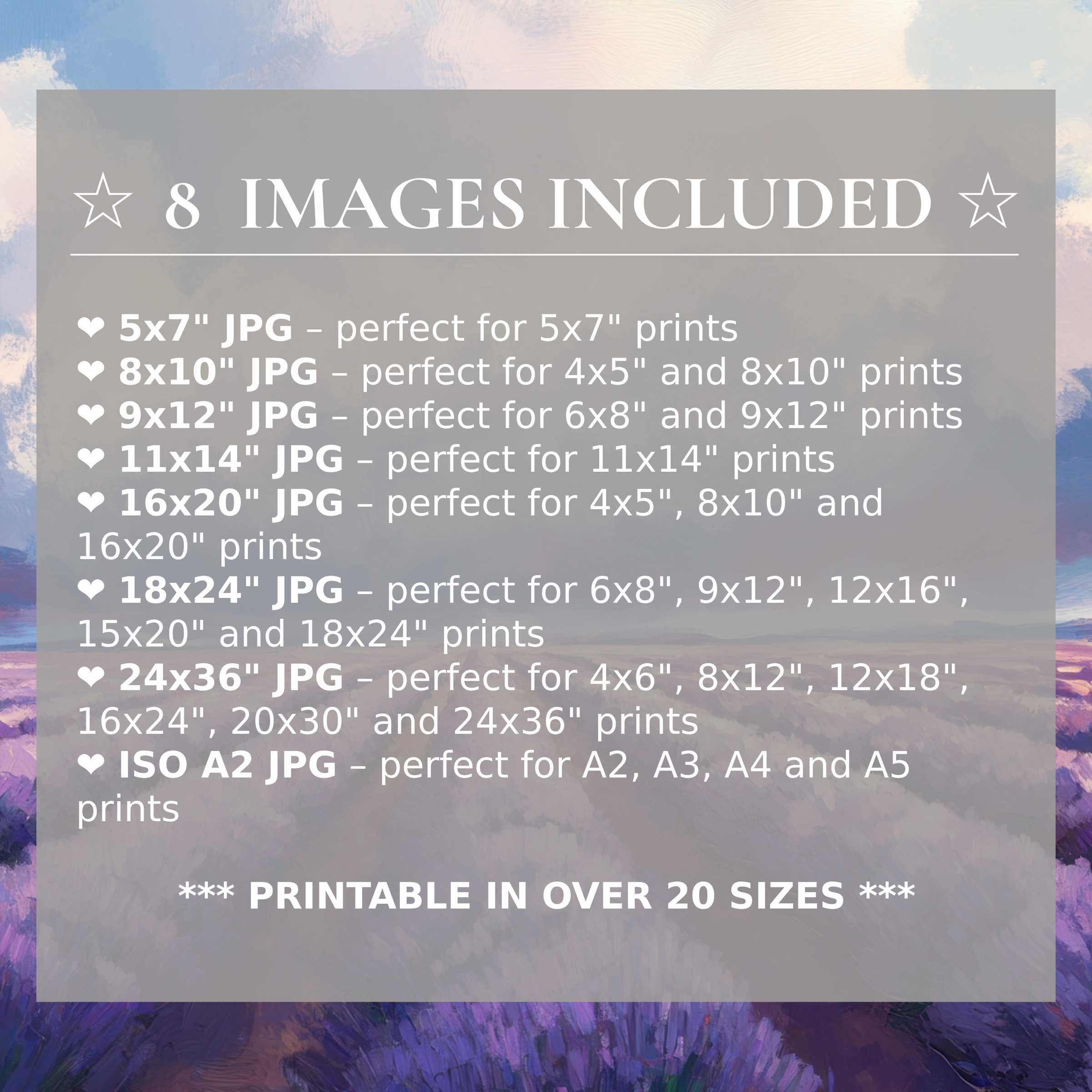 Radiant floral digital print in serene purples and soft blues, offered in 8 high-quality sizes for versatile modern interiors