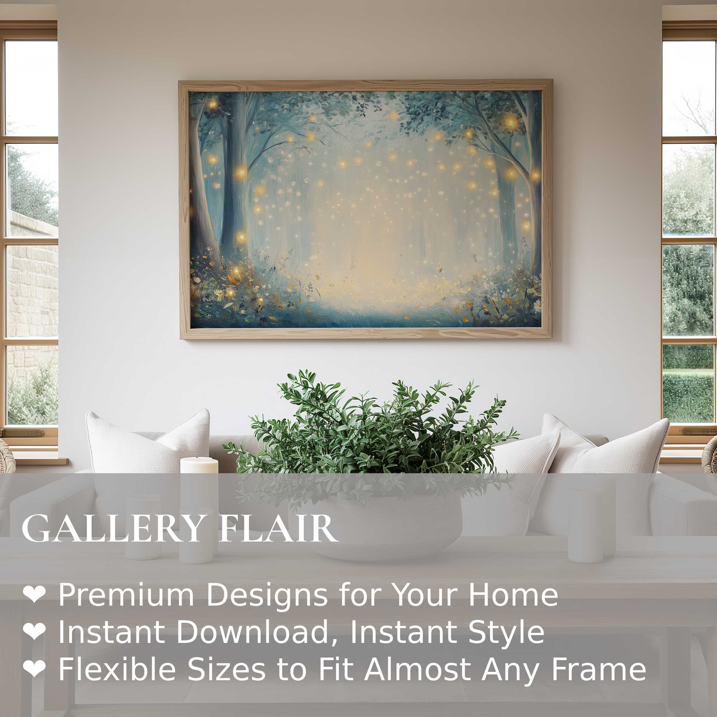 Enchanting nursery wall art print with soft glowing fireflies in a serene forest, enriching modern minimalist spaces with calming, radiant warmth