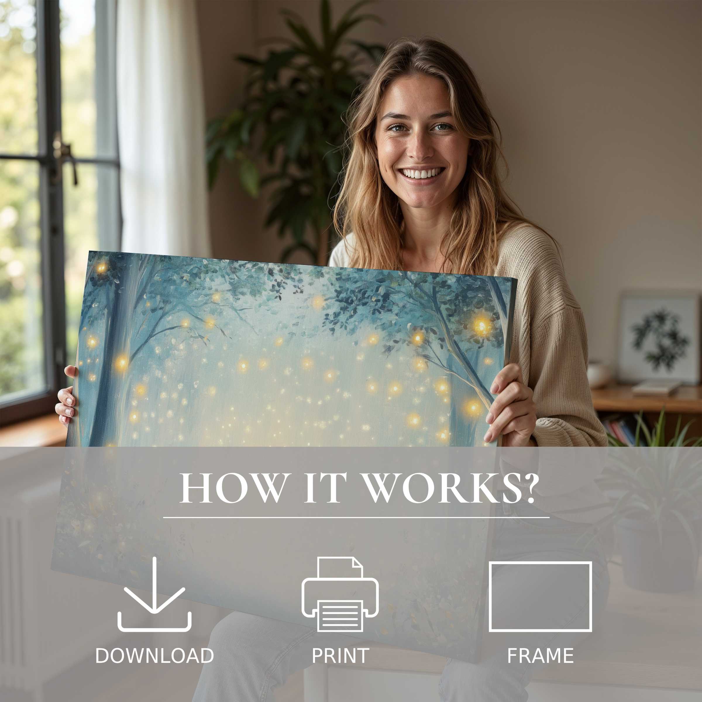 Serene nursery digital art print glowing with warm lights, embraced in a chic home where art brings joy and effortless style