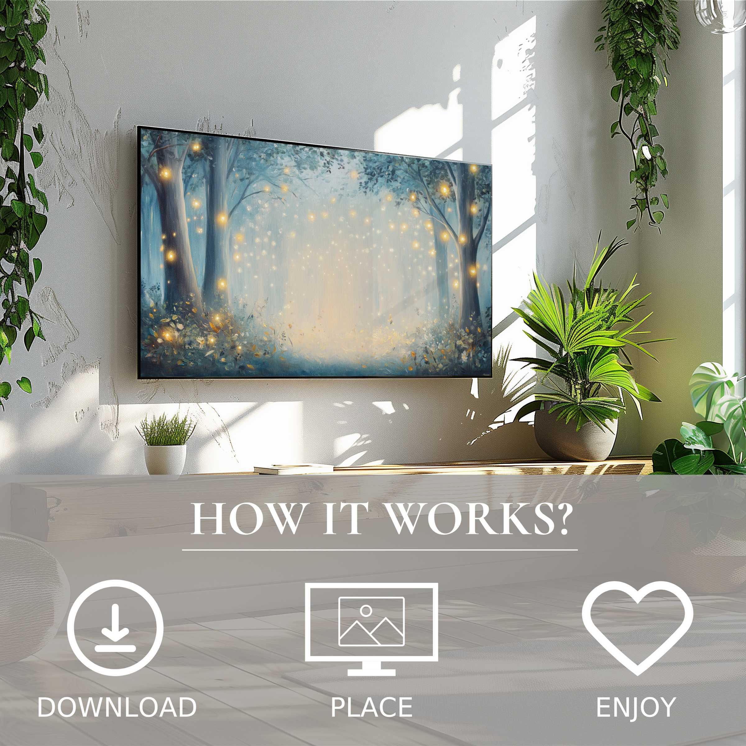 Nursery art for Samsung TV features soft glowing forest motif, easy digital download, enhancing modern, leafy living spaces