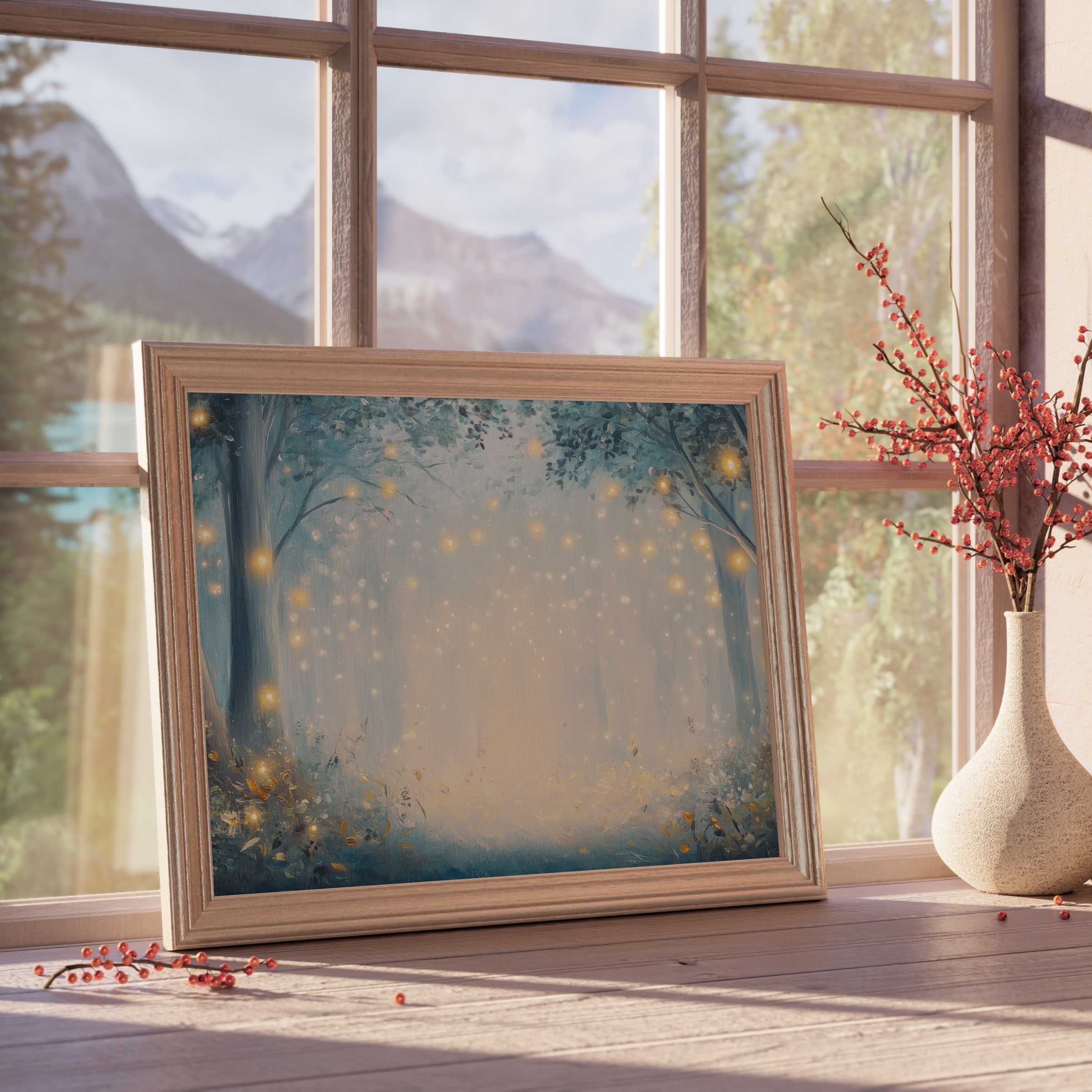 Enchanting nursery downloadable art glowing with soft fireflies, perfect for curated, tranquil, and design-forward children’s interiors