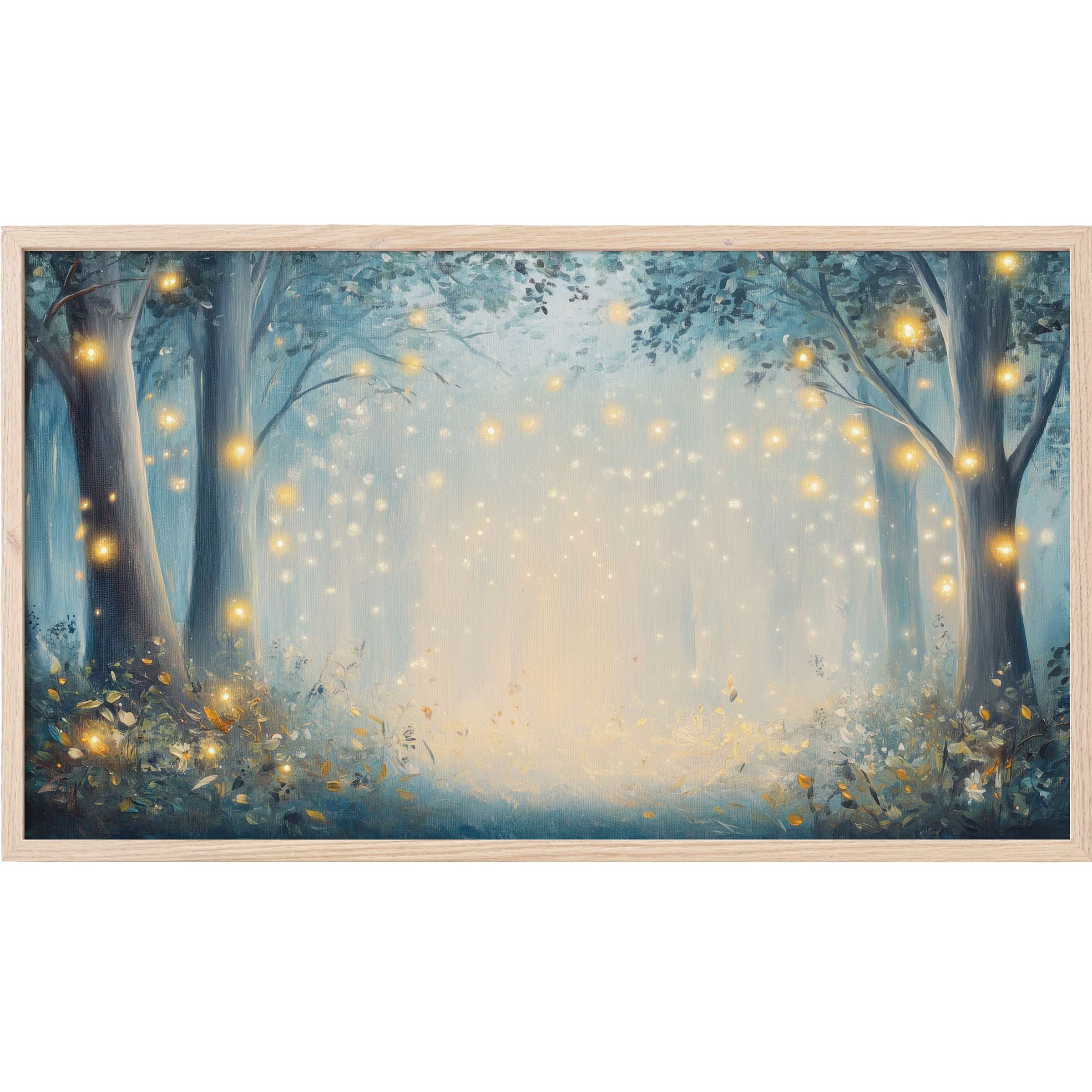 Ethereal forest scene in soft blues and golds, glowing lights create magic in this nursery Frame TV Art masterpiece