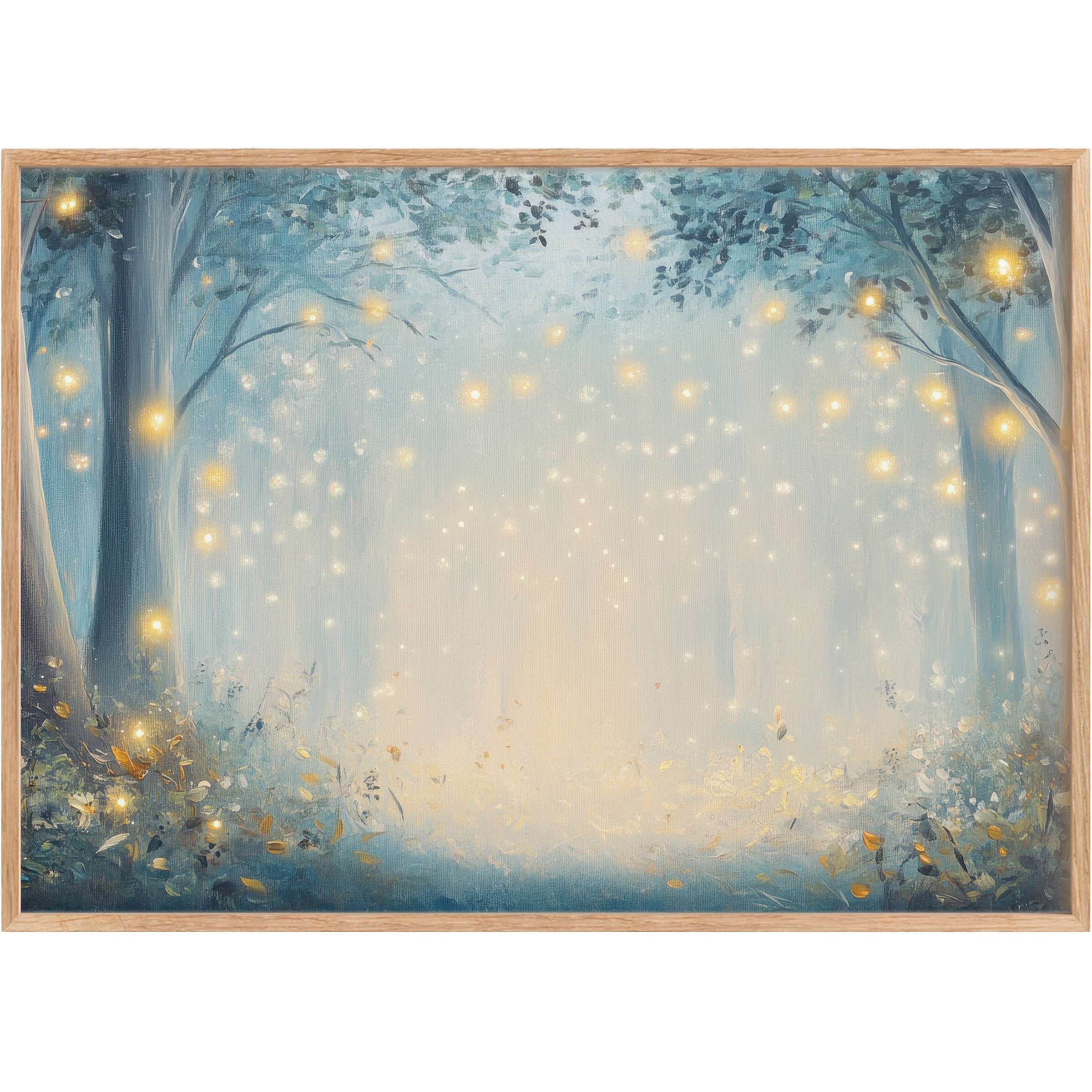 Ethereal nursery printable wall art with glowing golden lights and soft blue hues, creating a tranquil, magical woodland ambiance