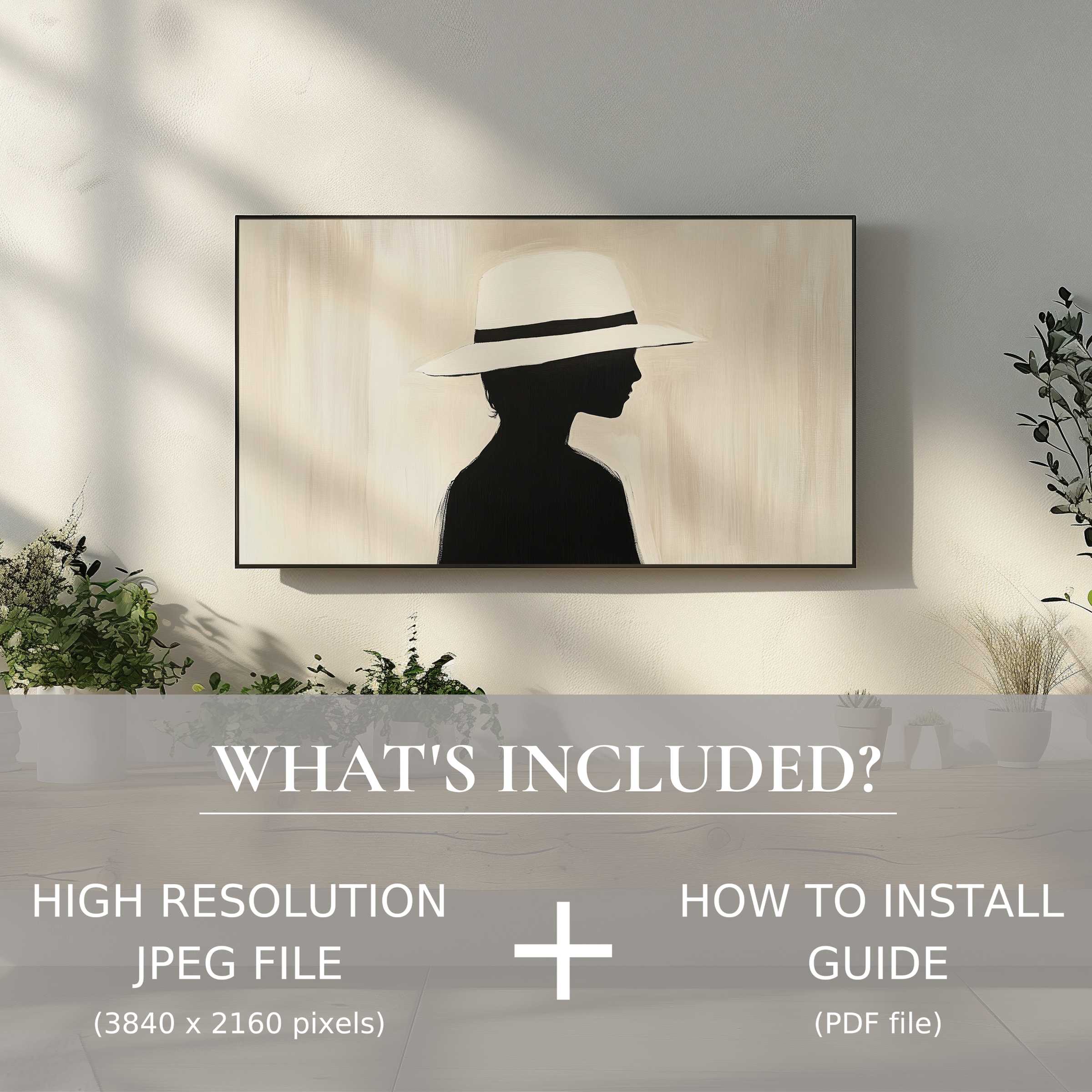 Minimalist digital TV art download of a chic silhouette, easily enhancing your modern living space with style and ease