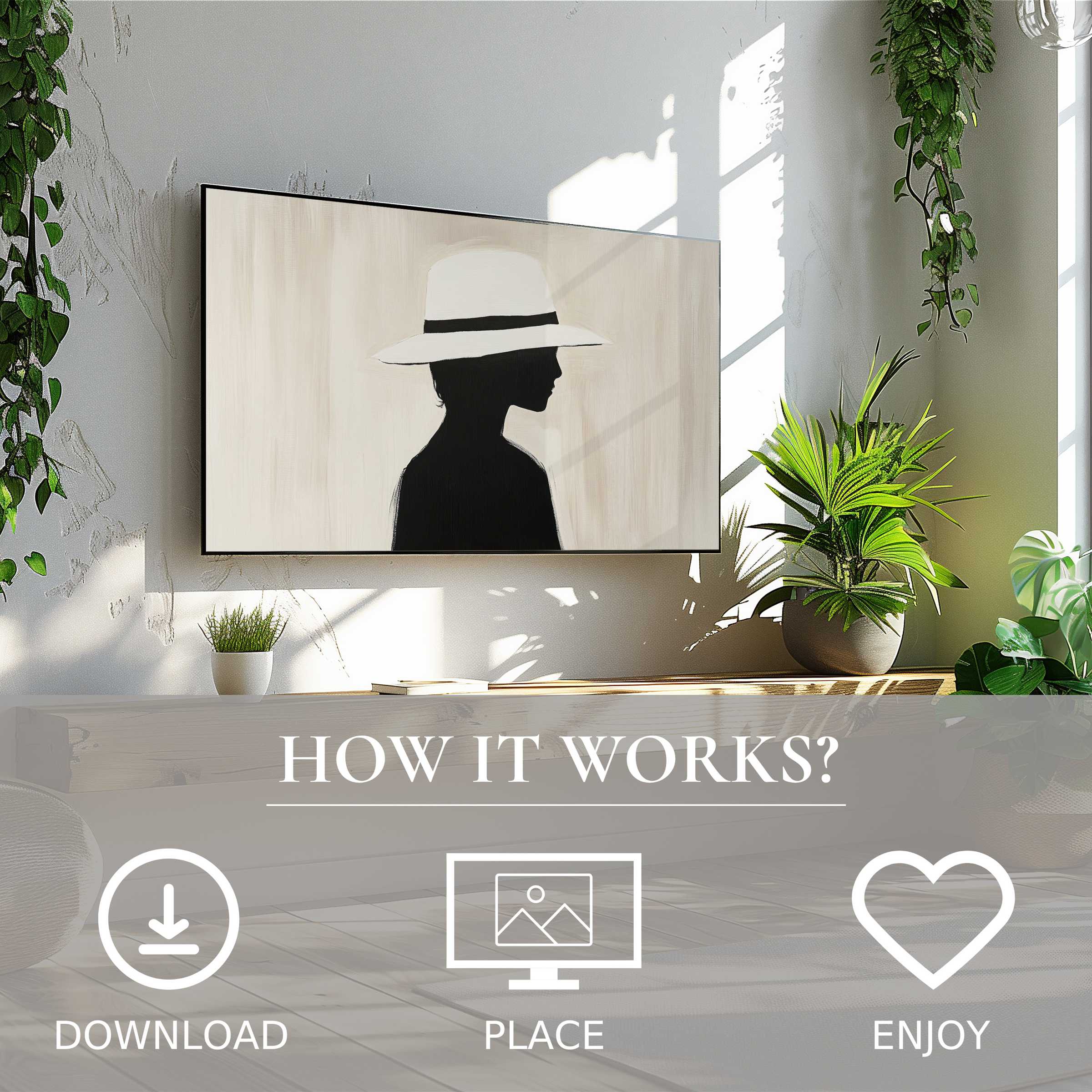 Minimalist art for Samsung TV shows soft silhouette motif, easy digital download enhances modern living with stylish simplicity