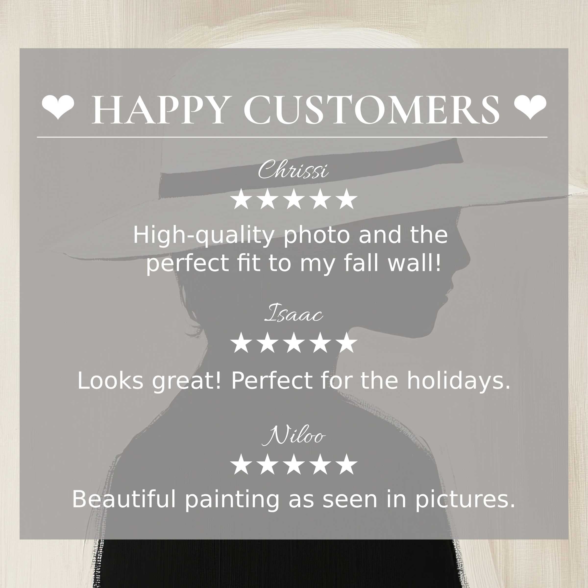 Minimalist art for Frame TV with abstract beige silhouette, featuring happy customer reviews and elegant trust-building design