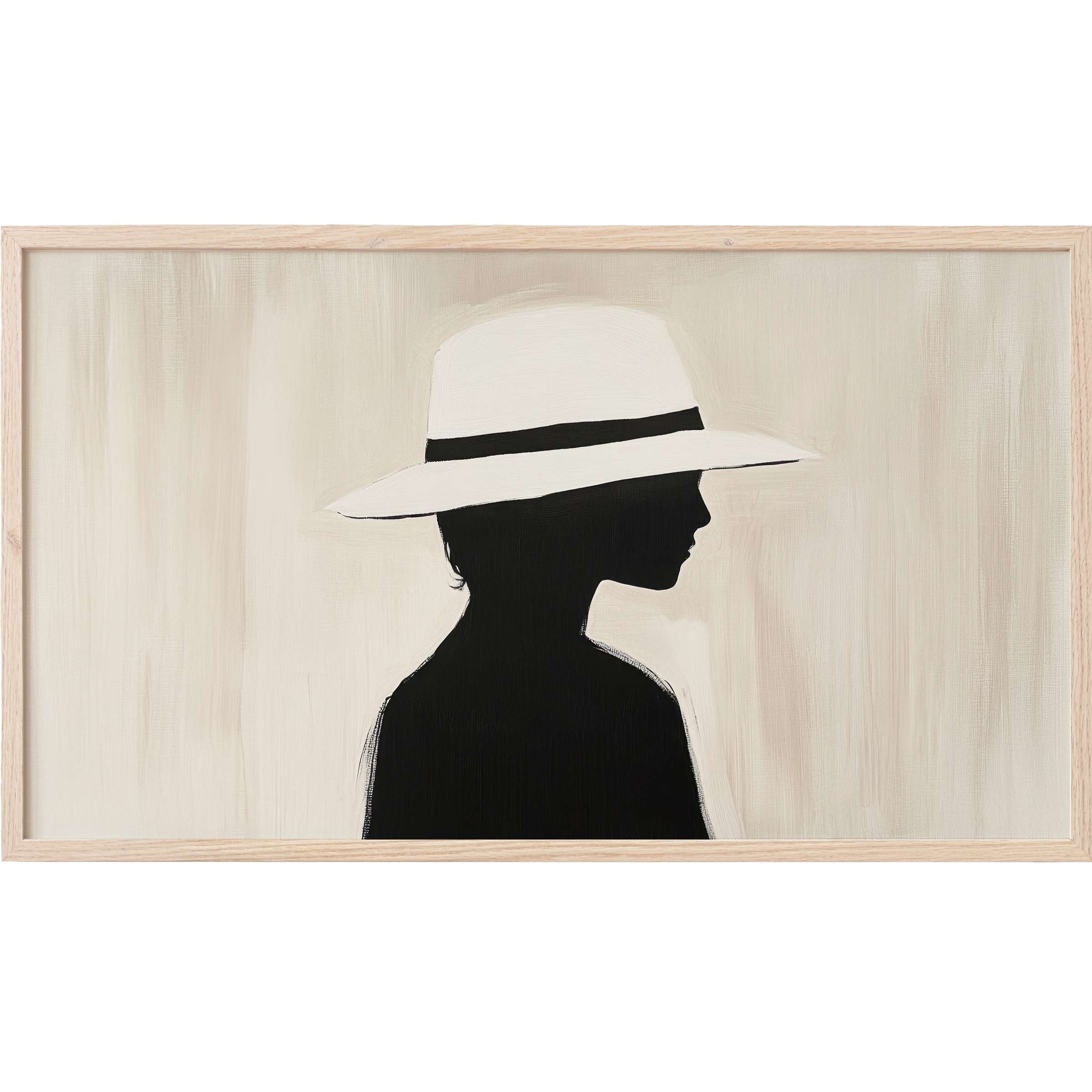 Elegant silhouette of a woman in a white hat against soft beige, minimalist Frame TV Art in neutral tones
